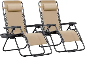 Greesum Zero Gravity Chairs Set of 2 Adjustable Steel Mesh Recliners Beach Deck Lawn Camping Patio Foldable Lounge Chair with Cup Holder Trays and Pillows,Cream-Coloured