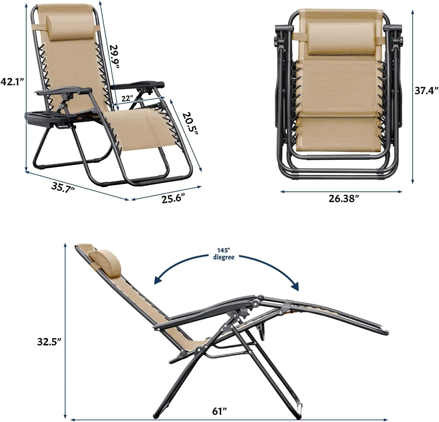 Greesum Zero Gravity Chairs Set of 2 Adjustable Steel Mesh Recliners Beach Deck Lawn Camping Patio Foldable Lounge Chair with Cup Holder Trays and Pillows,Cream-Coloured