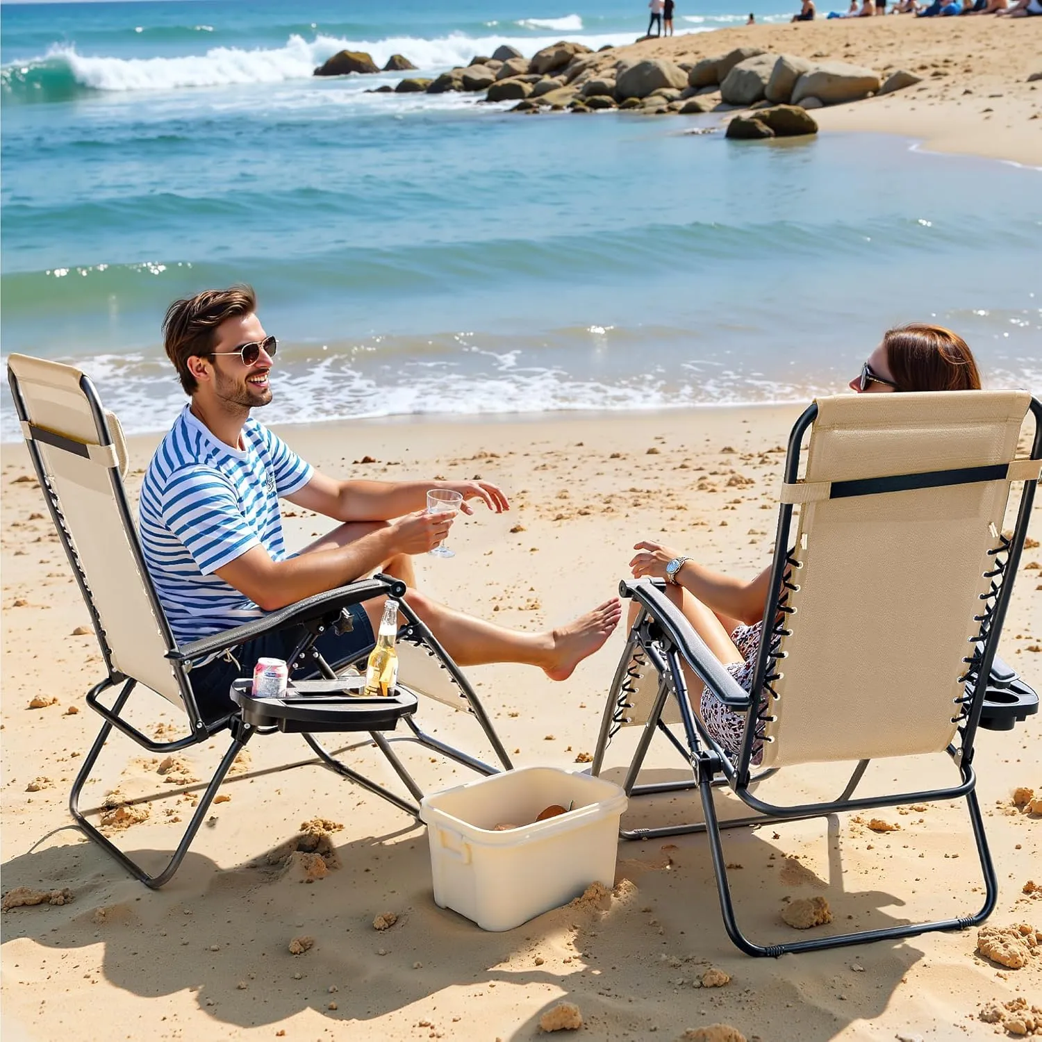 Greesum Zero Gravity Chairs Set of 2 Adjustable Steel Mesh Recliners Beach Deck Lawn Camping Patio Foldable Lounge Chair with Cup Holder Trays and Pillows,Cream-Coloured
