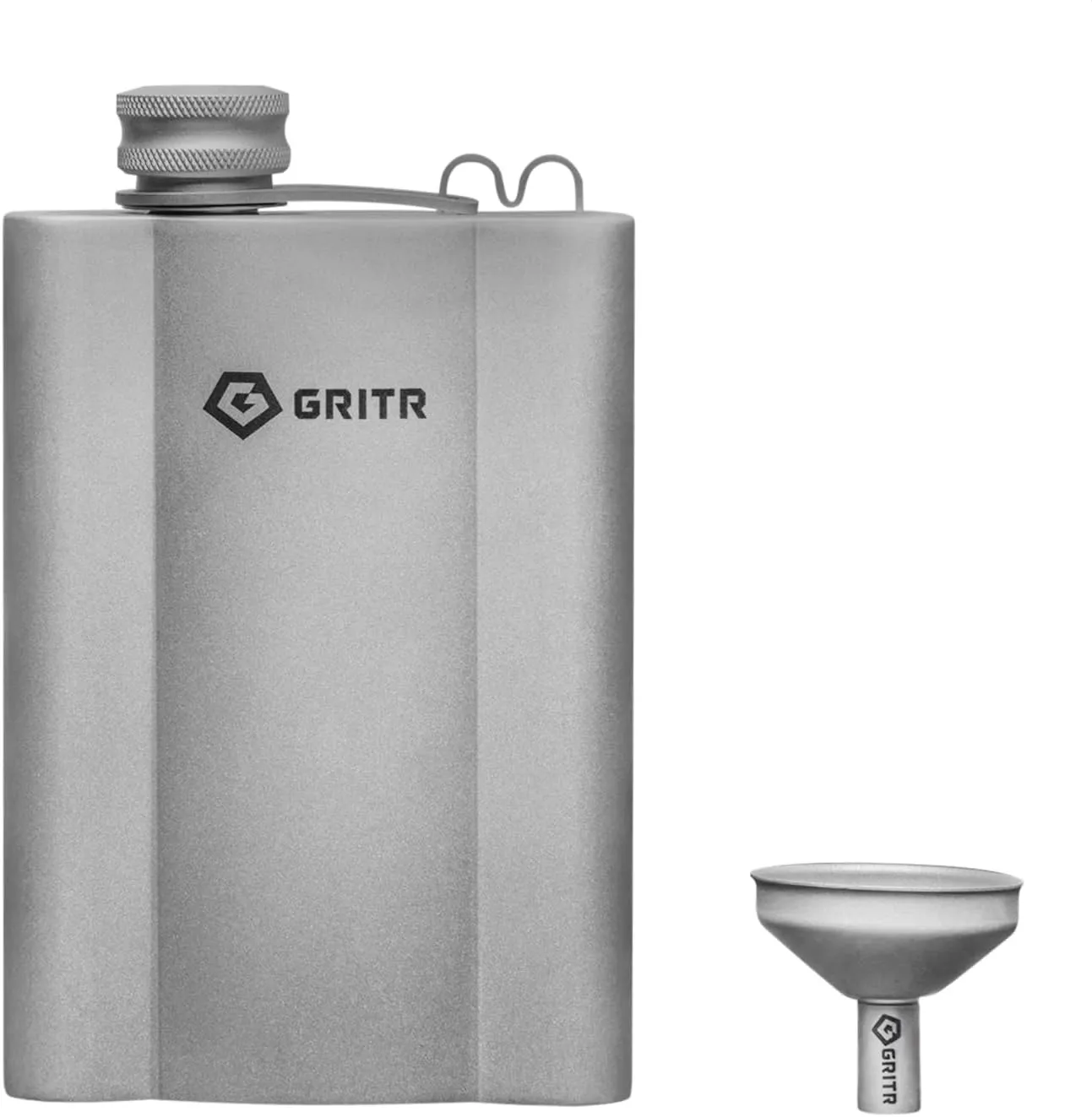 GRITR Titanium Hip Flask 6 fl oz/180 ml w/Filler Funnel & Screw Cap Clip for Camping, Hiking, Backpacking, Travel, Outdoor Events, Picnics, Parties | Ultralight Pocket Drinkware for Men & Women
