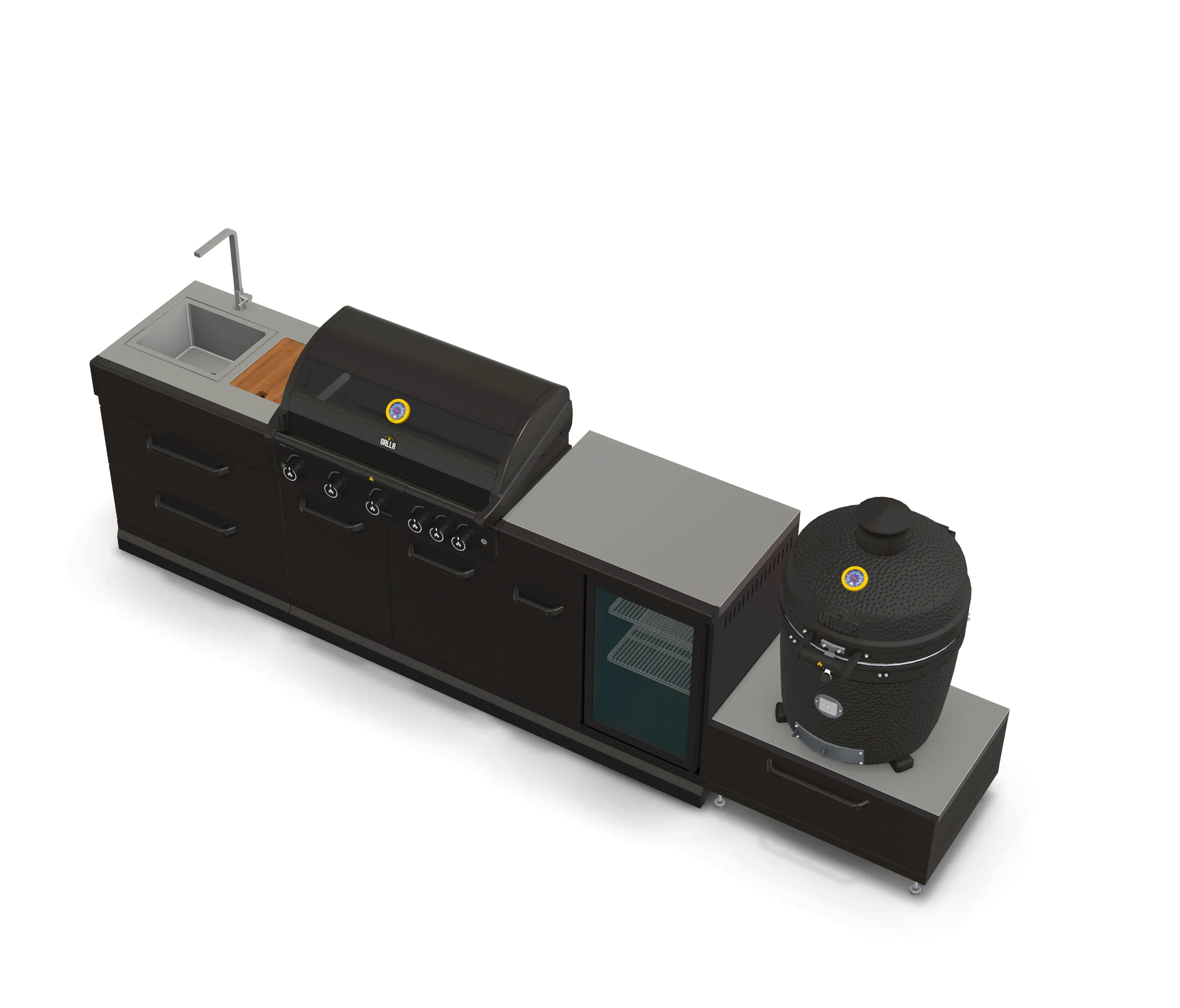 GRLLR Outdoor Kitchen 5 Burner BBQ, Fridge,Sink and kamado