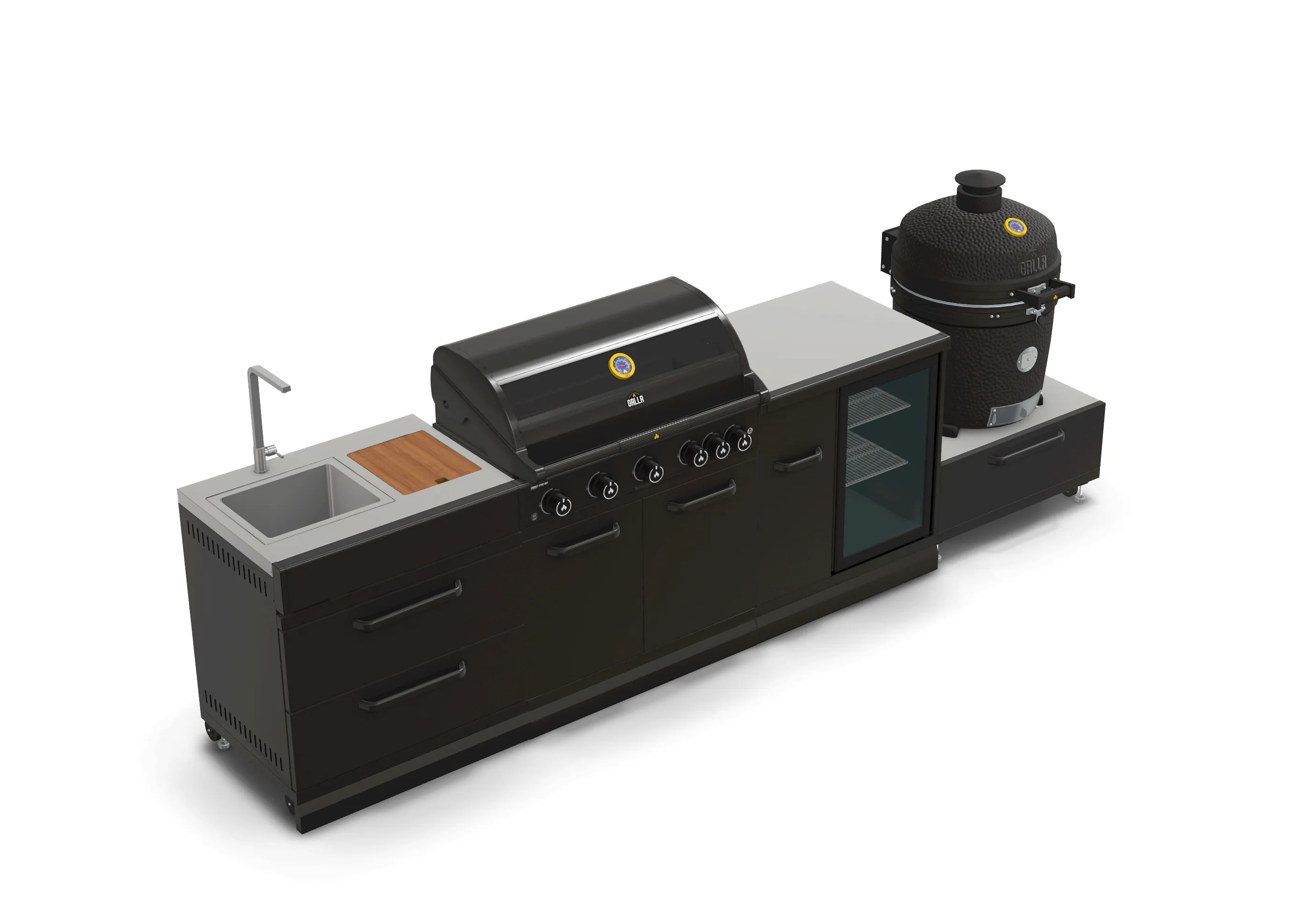 GRLLR Outdoor Kitchen 5 Burner BBQ, Fridge,Sink and kamado