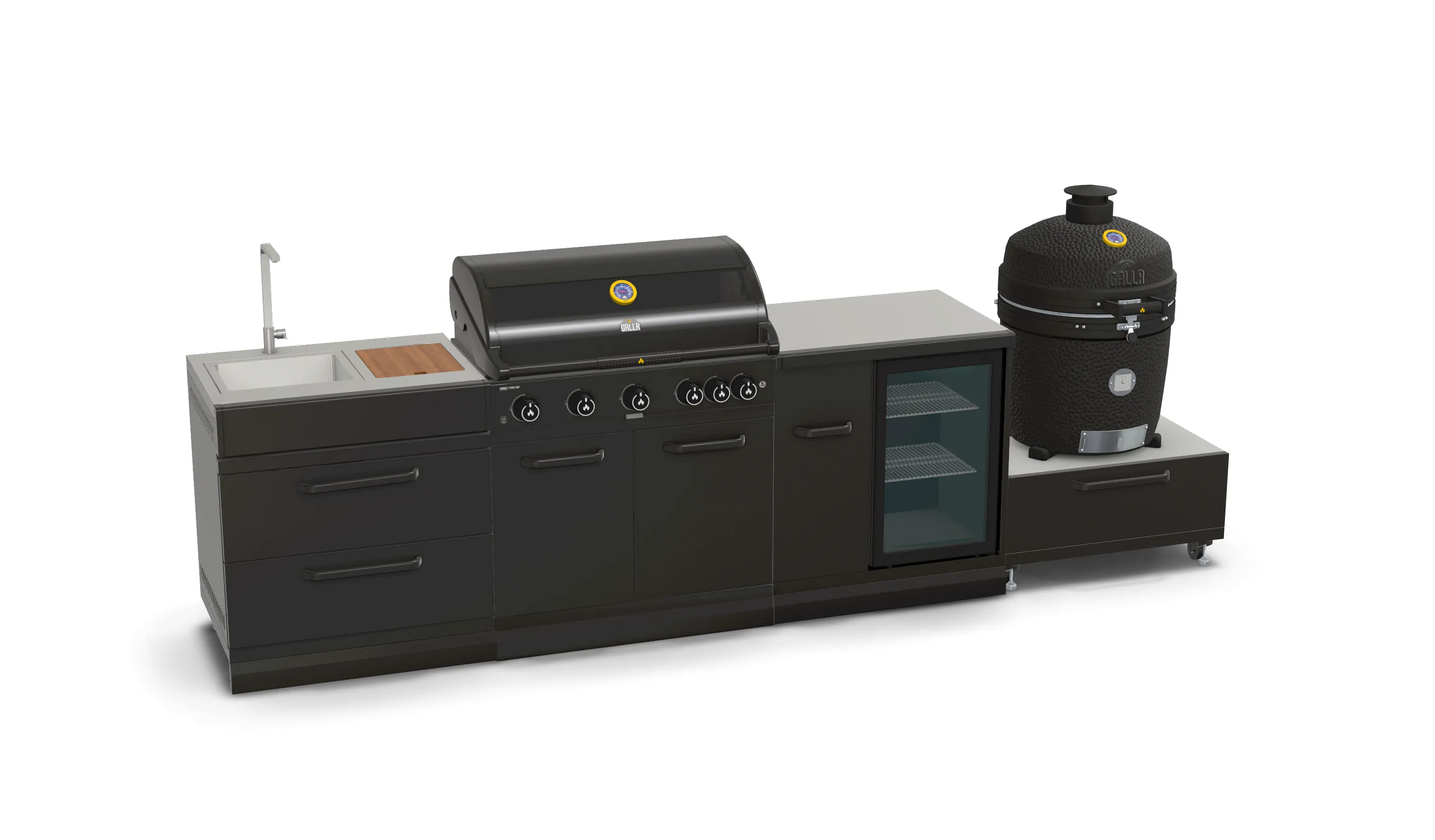GRLLR Outdoor Kitchen 5 Burner BBQ, Fridge,Sink and kamado
