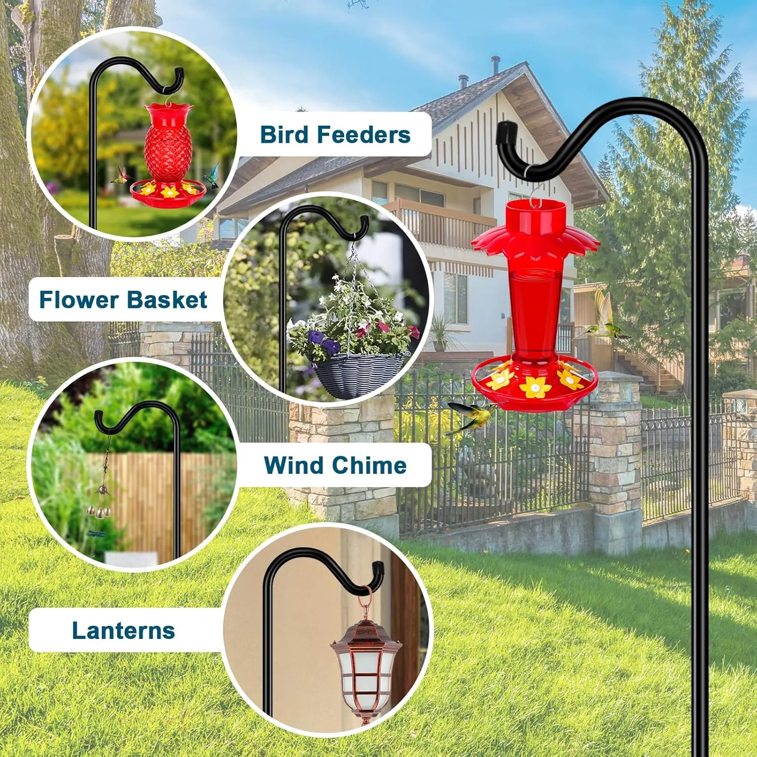 Gtongoko Shepherds Hook for Outdoor, 92 Inch Bird Feeder Pole with 7 Prongs Base, 3/4 Inch Thick Heavy Duty Adjustable Garden Hook for Hanging Plant, Hummingbird Feeder, Lantern, 1 Pack