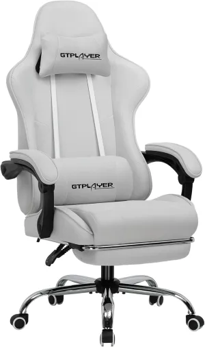GTPLAYER Gaming Chair with Footrest, Computer Chair with and Lumbar Support, Height Adjustable Game Chair with 360°-Swivel Seat and Headrest and for Office or Gaming (All Light Gray-Fabric)
