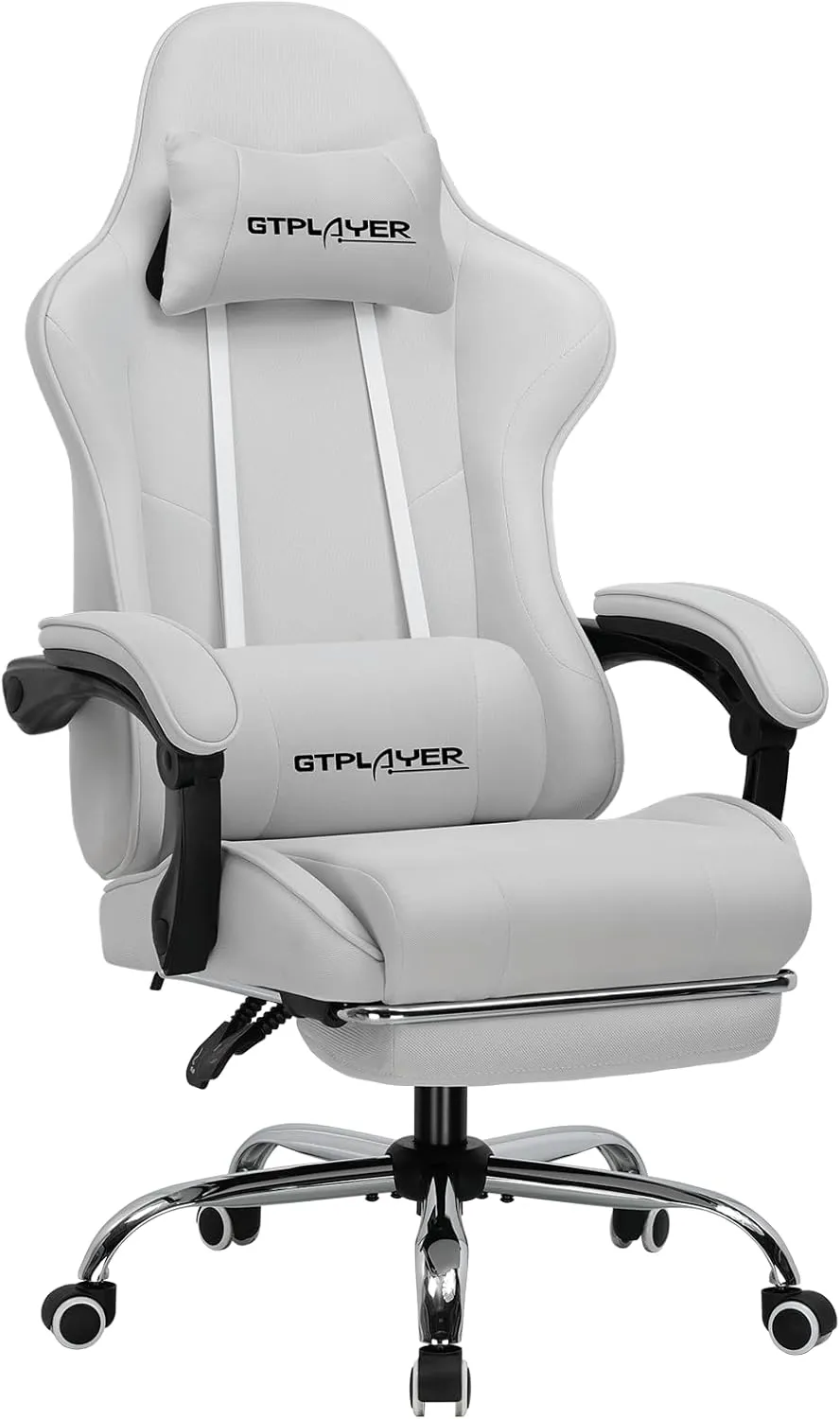 GTPLAYER Gaming Chair with Footrest, Computer Chair with and Lumbar Support, Height Adjustable Game Chair with 360°-Swivel Seat and Headrest and for Office or Gaming (All Light Gray-Fabric)
