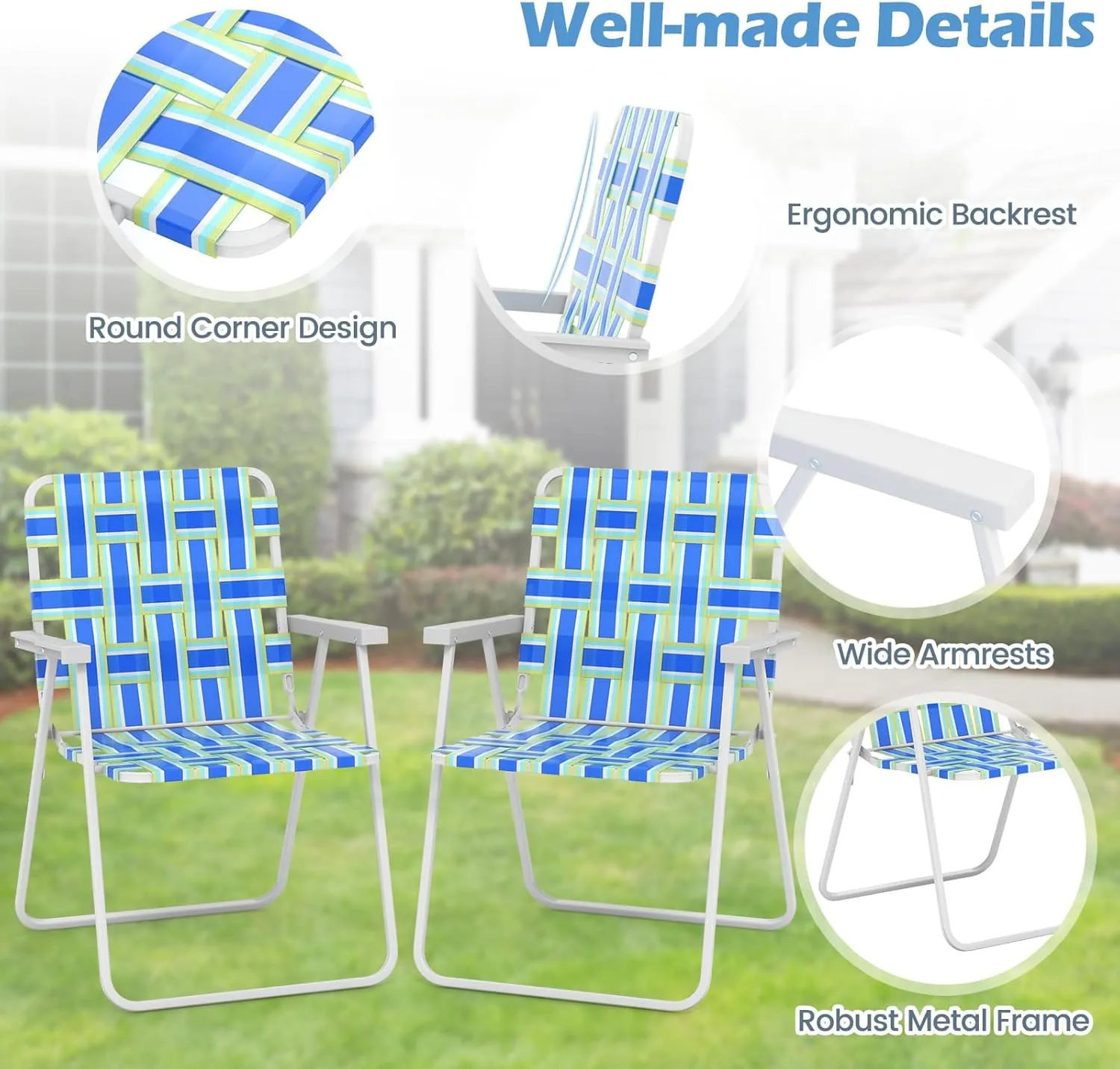 GYMAX Folding Chair, Patio Lawn Chair Set with Armrest, Indoor/Outdoor 2 Pack Webbed Lightweight Dinning Chair, Portable Beach Chair for Outside, Poolside, Backyard (Blue & Green, 2)
