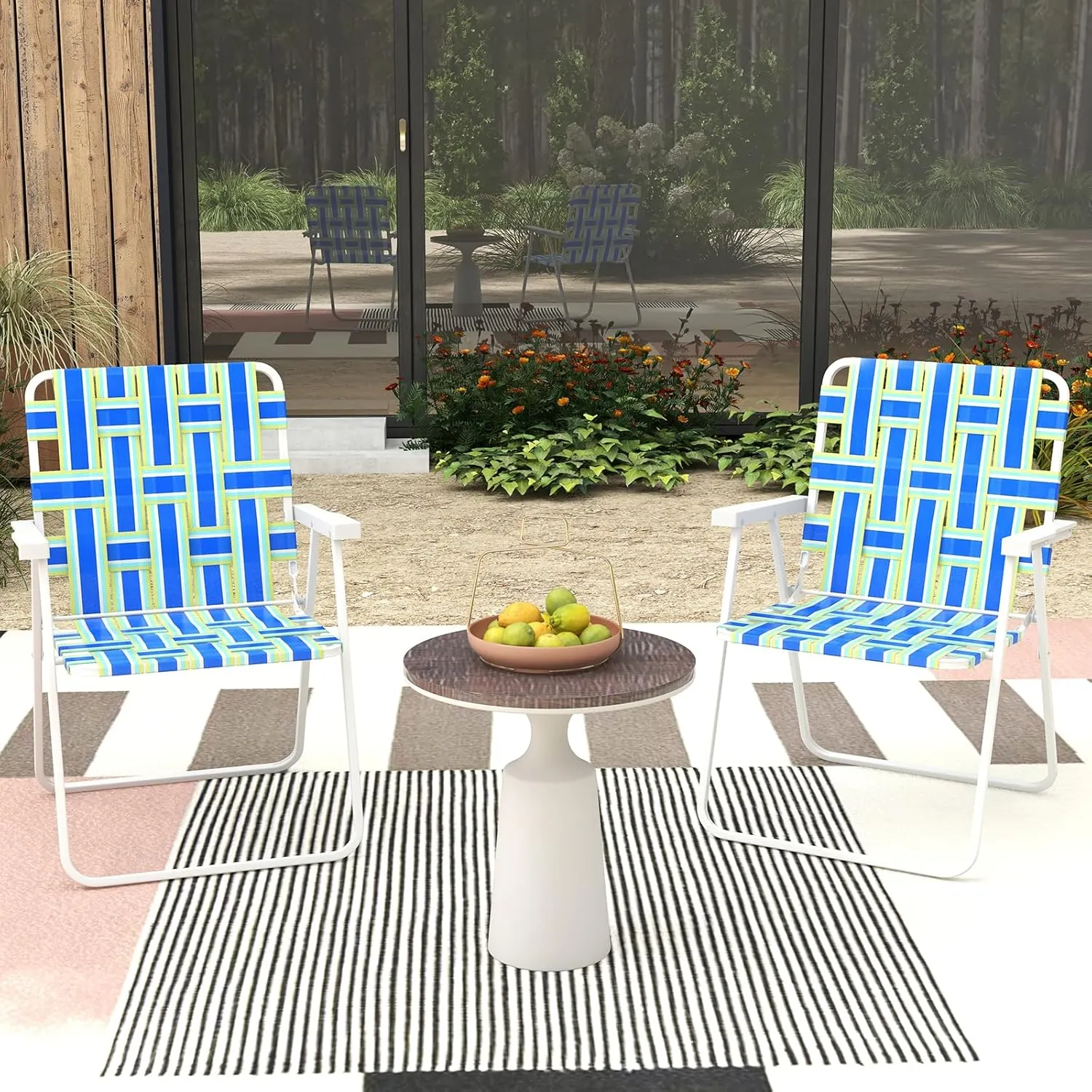 GYMAX Folding Chair, Patio Lawn Chair Set with Armrest, Indoor/Outdoor 2 Pack Webbed Lightweight Dinning Chair, Portable Beach Chair for Outside, Poolside, Backyard (Blue & Green, 2)