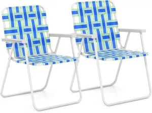 GYMAX Folding Chair, Patio Lawn Chair Set with Armrest, Indoor/Outdoor 2 Pack Webbed Lightweight Dinning Chair, Portable Beach Chair for Outside, Poolside, Backyard (Blue & Green, 2)