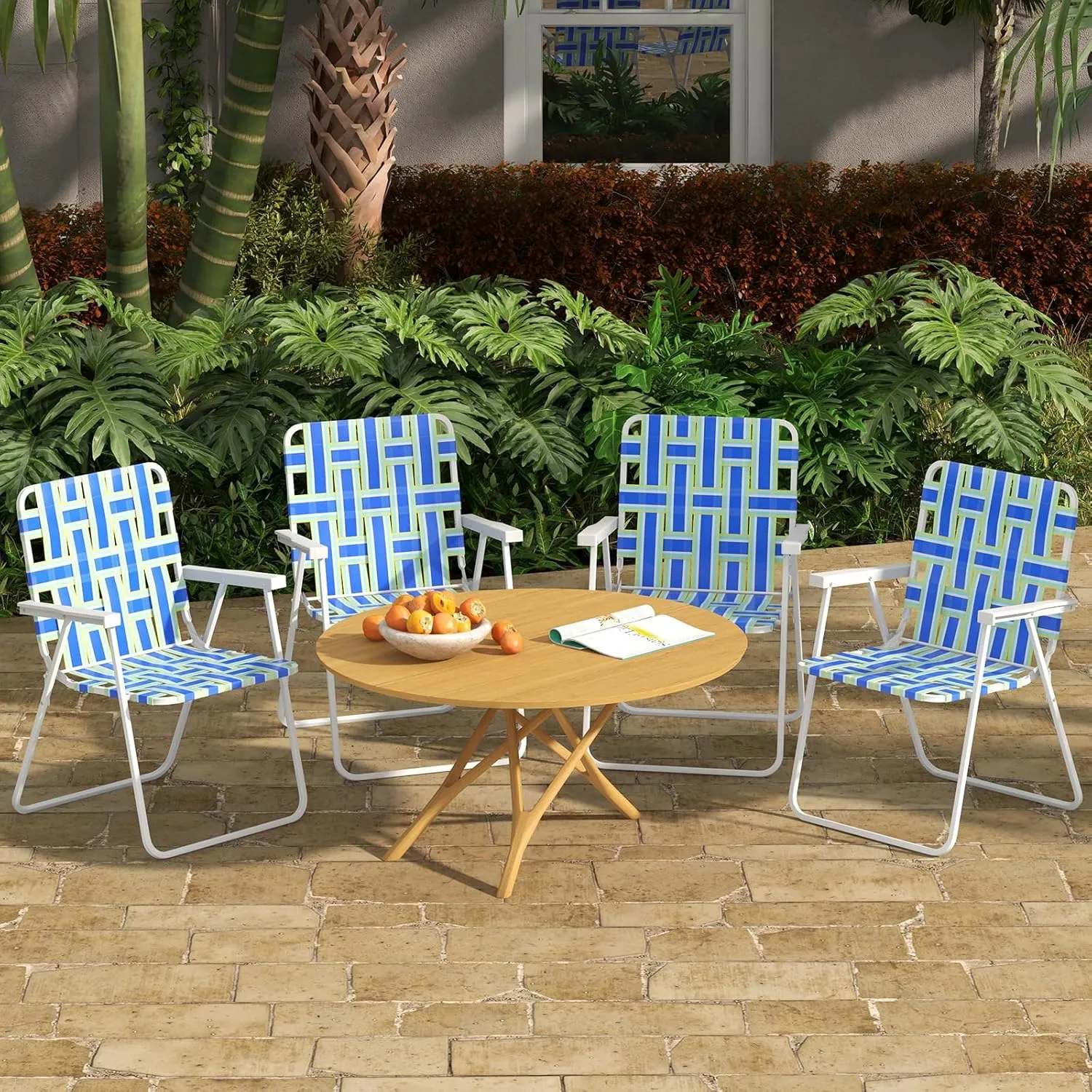 GYMAX Folding Chair, Patio Lawn Chair Set with Armrest, Indoor/Outdoor 2 Pack Webbed Lightweight Dinning Chair, Portable Beach Chair for Outside, Poolside, Backyard (Blue & Green, 2)