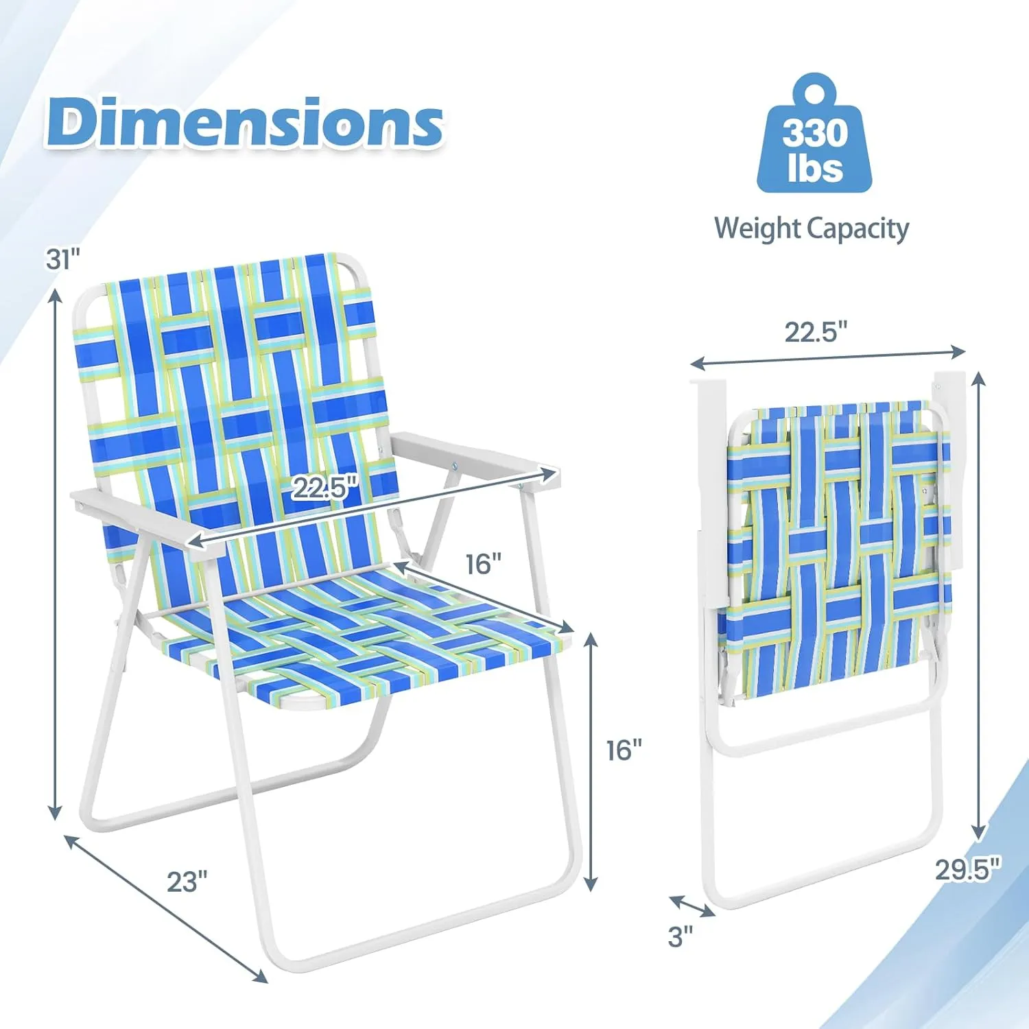 GYMAX Folding Chair, Patio Lawn Chair Set with Armrest, Indoor/Outdoor 2 Pack Webbed Lightweight Dinning Chair, Portable Beach Chair for Outside, Poolside, Backyard (Blue & Green, 2)