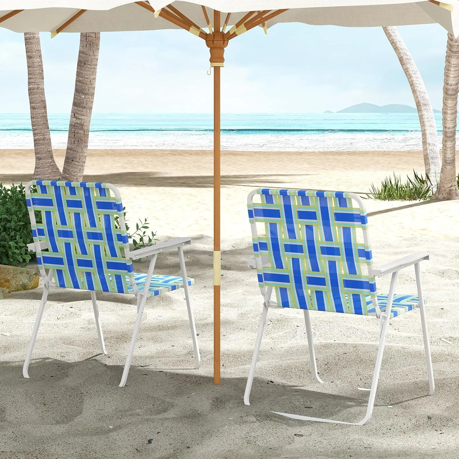 GYMAX Folding Chair, Patio Lawn Chair Set with Armrest, Indoor/Outdoor 2 Pack Webbed Lightweight Dinning Chair, Portable Beach Chair for Outside, Poolside, Backyard (Blue & Green, 2)