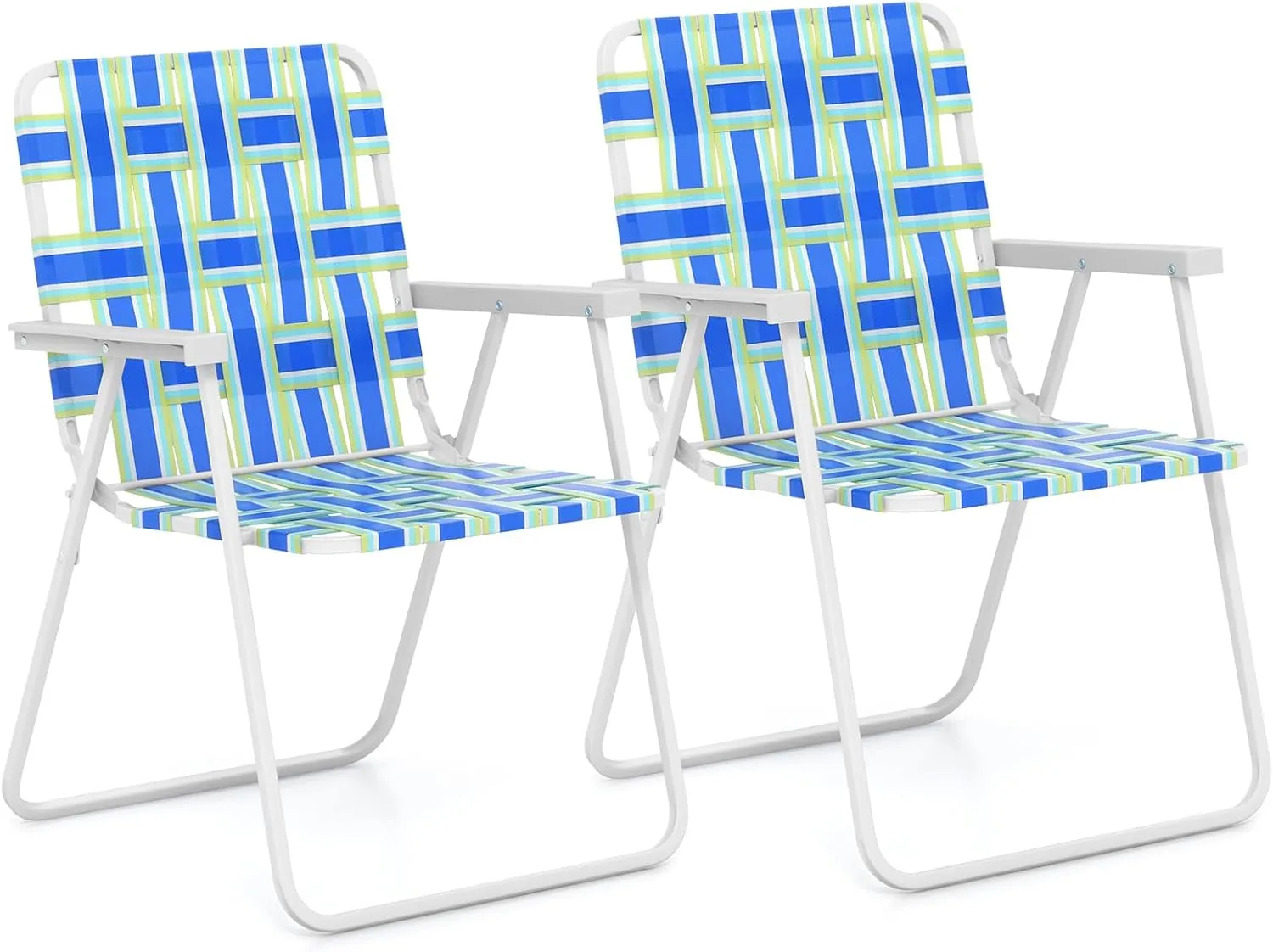 GYMAX Folding Chair, Patio Lawn Chair Set with Armrest, Indoor/Outdoor 2 Pack Webbed Lightweight Dinning Chair, Portable Beach Chair for Outside, Poolside, Backyard (Blue & Green, 2)
