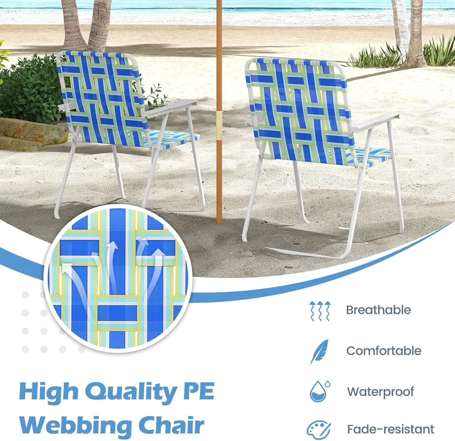 GYMAX Folding Chair, Patio Lawn Chair Set with Armrest, Indoor/Outdoor 2 Pack Webbed Lightweight Dinning Chair, Portable Beach Chair for Outside, Poolside, Backyard (Blue & Green, 2)