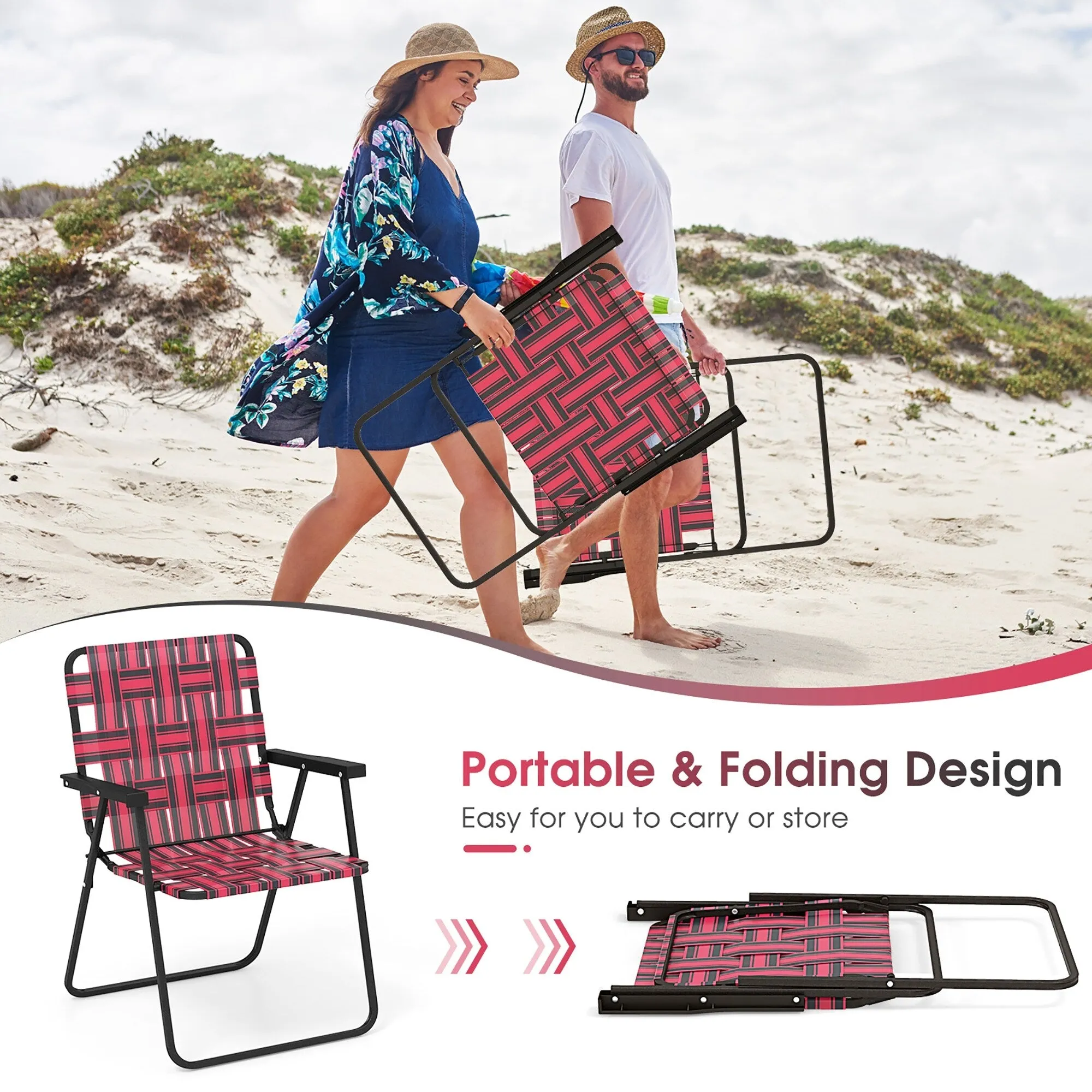 Gymax Set of 2 Patio Folding Web Chair Set Portable Beach Camping