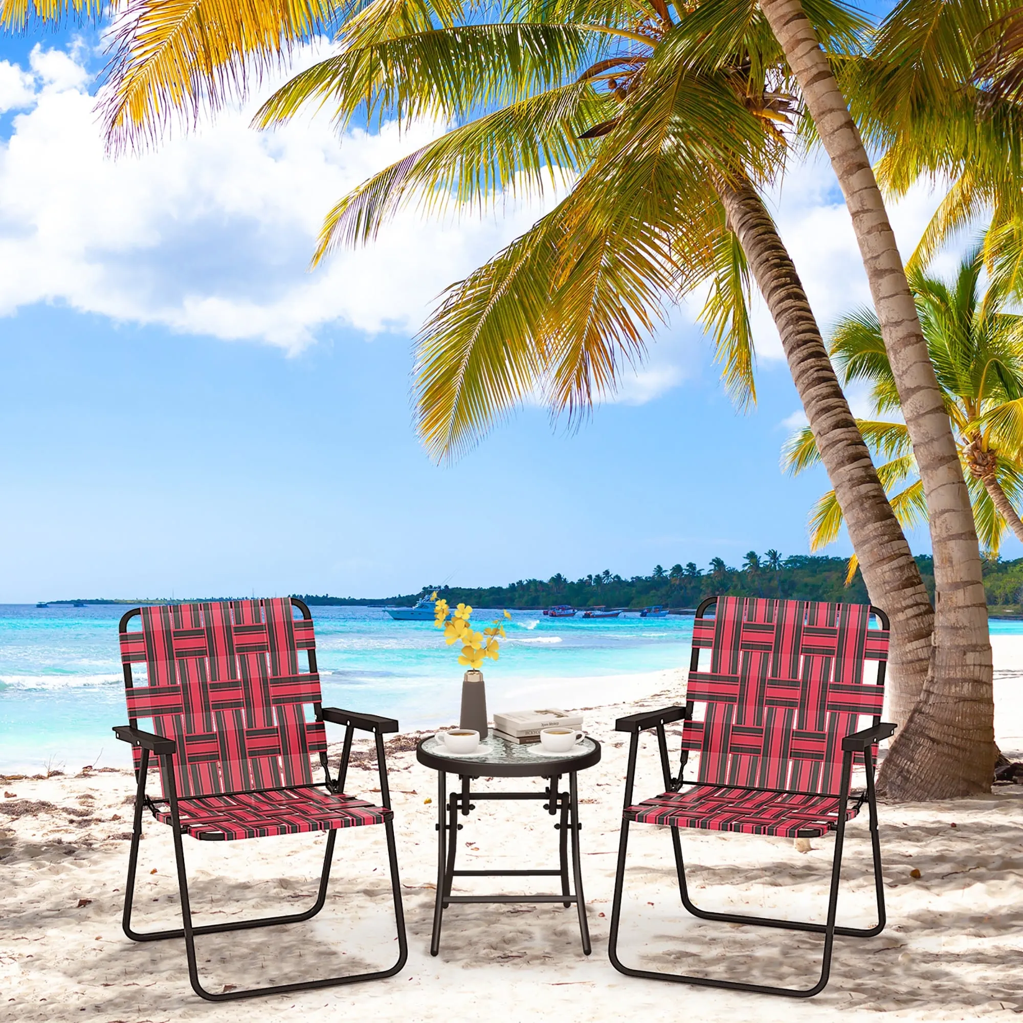 Gymax Set of 2 Patio Folding Web Chair Set Portable Beach Camping