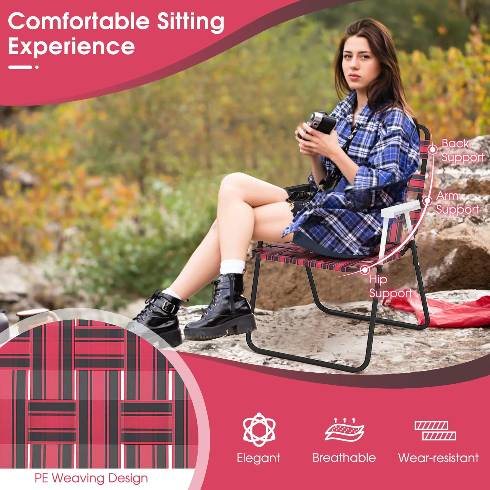 Gymax Set of 2 Patio Folding Web Chair Set Portable Beach Camping