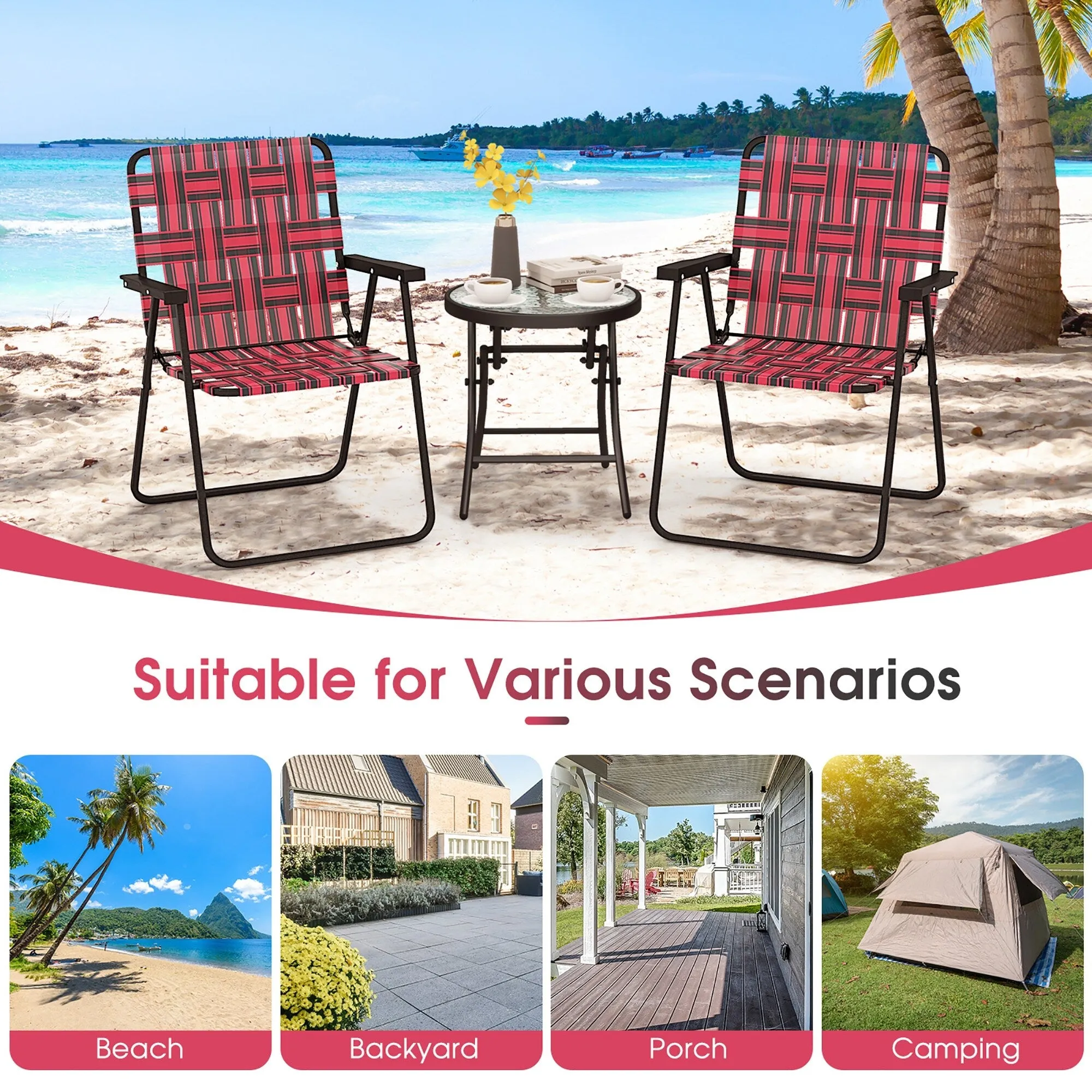 Gymax Set of 2 Patio Folding Web Chair Set Portable Beach Camping