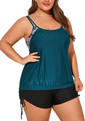 Hanna Nikole Womens Plus Size Striped Printed Strappy Tankini Top with Shorts Two Piece Swimsuit