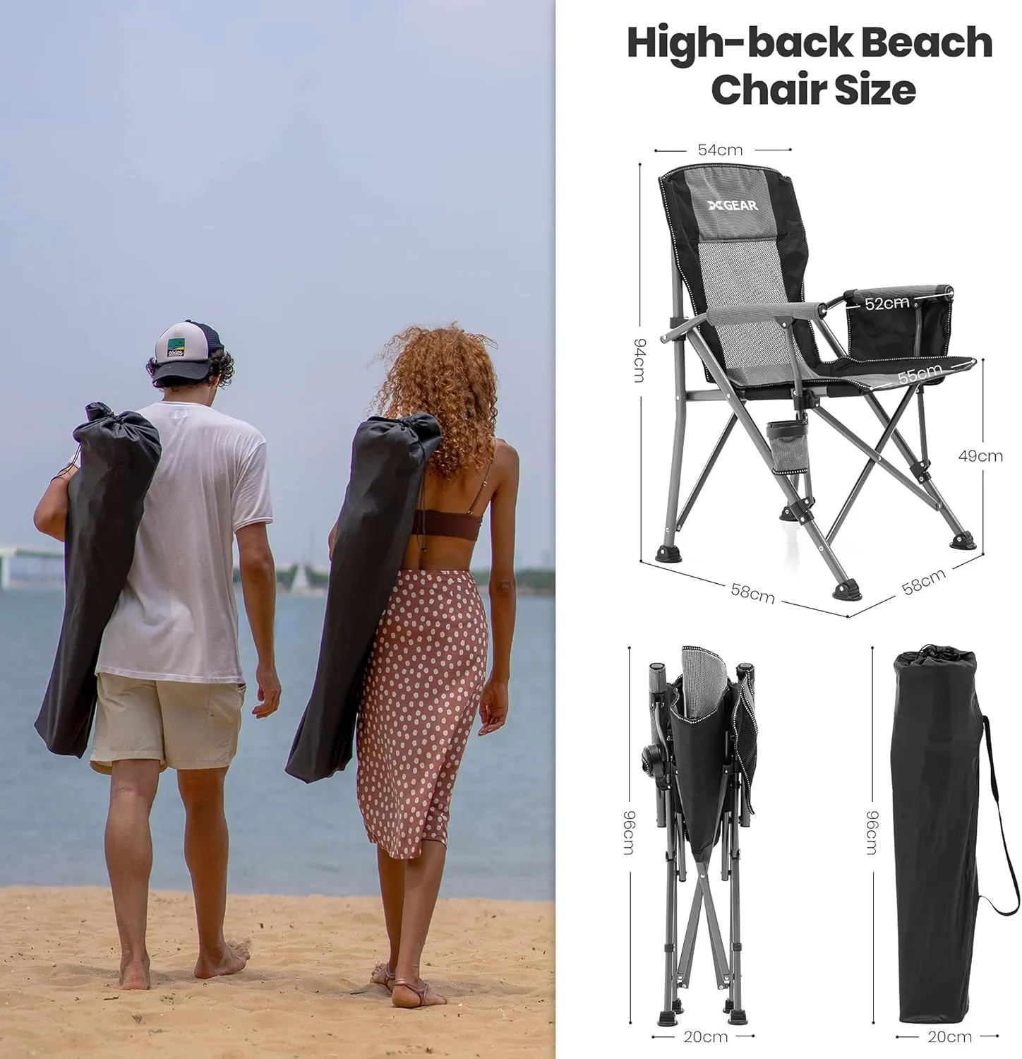 Hard Arm Folding Camping Chair Beach Chair Lawn Chair for Adults with Mesh Back (Cool Grey 2pc)