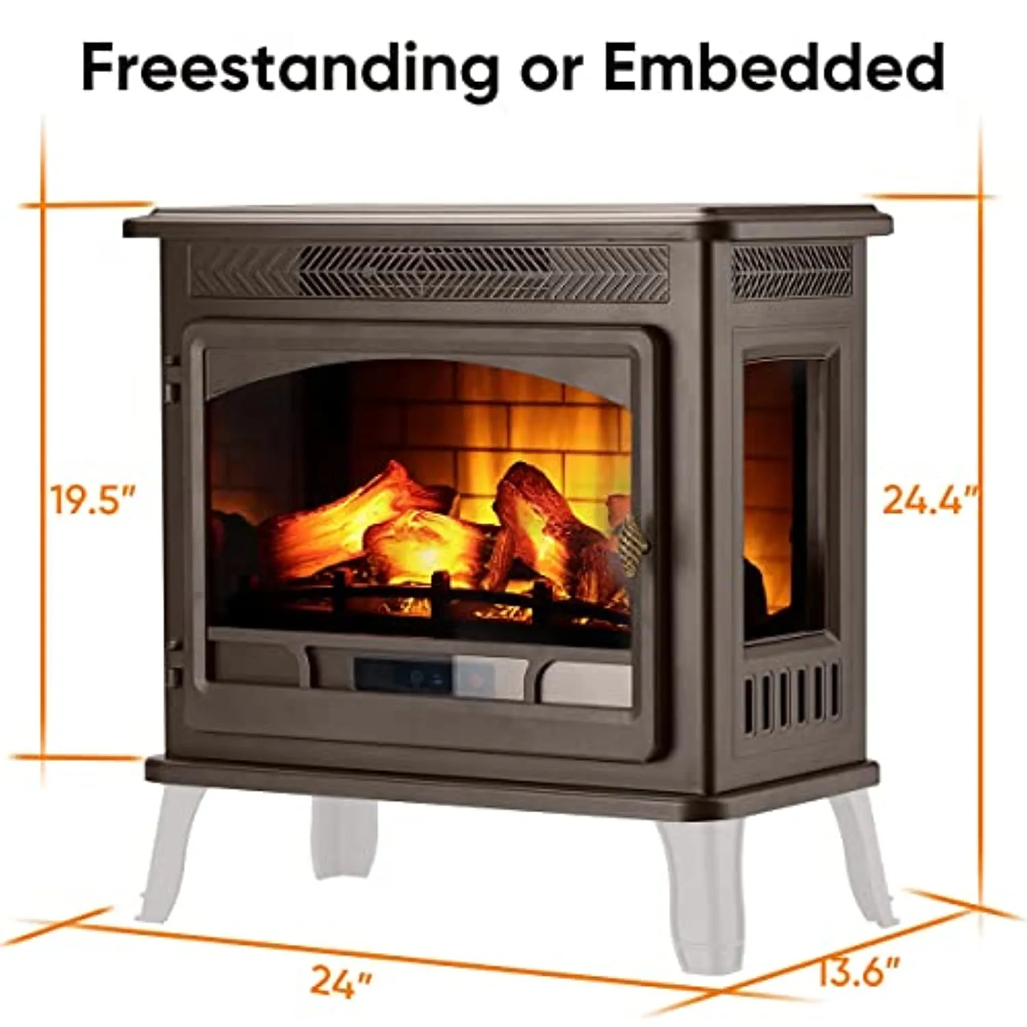 HEAO 3D Infrared Electric Fireplace Stove 24" with Visible Control Panel and Remote, Freestanding Fireplace Heater, ETL Certified, Overheating Safety Protection, for Home Office RV, 1500W(Bronze)