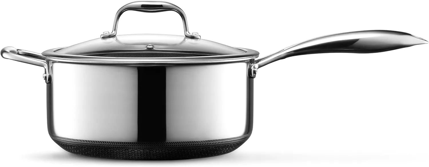 HexClad Hybrid Nonstick 5-Quart Saucepan with Tempered Glass Lid, Stay-Cool Handle, Dishwasher-Friendly, Oven-Safe Up to 900°F, Induction-Ready, Compatible with All Cooktops