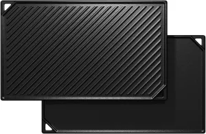 Hisencn Cast Iron Griddle Plate, Nonstick Reversible for Gas Stove Top, Oven, Outdoor Grill or Campfire (16.45'' x 9.45'')