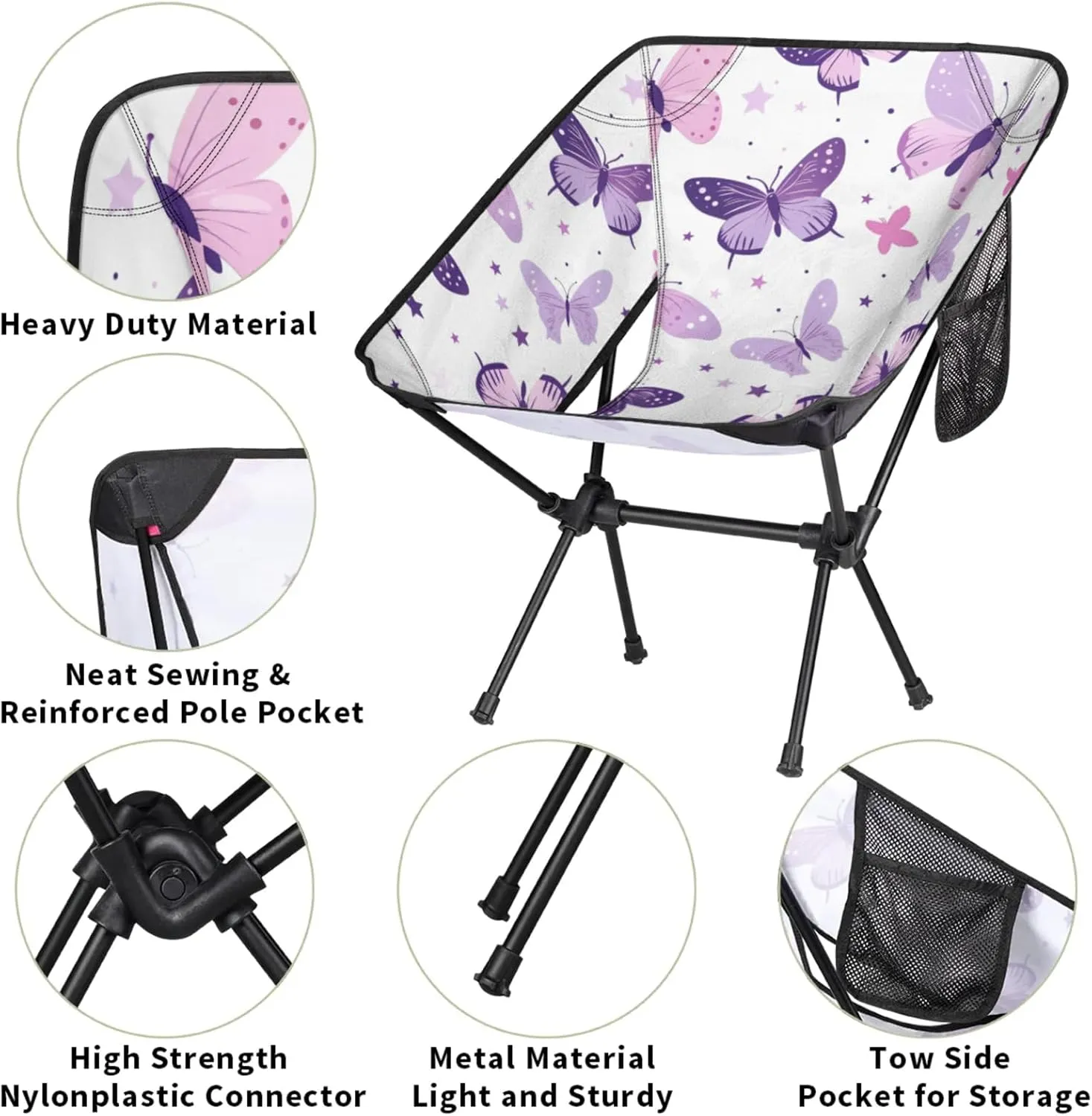 Honeybaby Folding Camping Chair Butterflies Stars Camping Chairs Lightweight Portable Chair Outdoor Foldable Chairs for Camping Travel Picnic Beach Hiking
