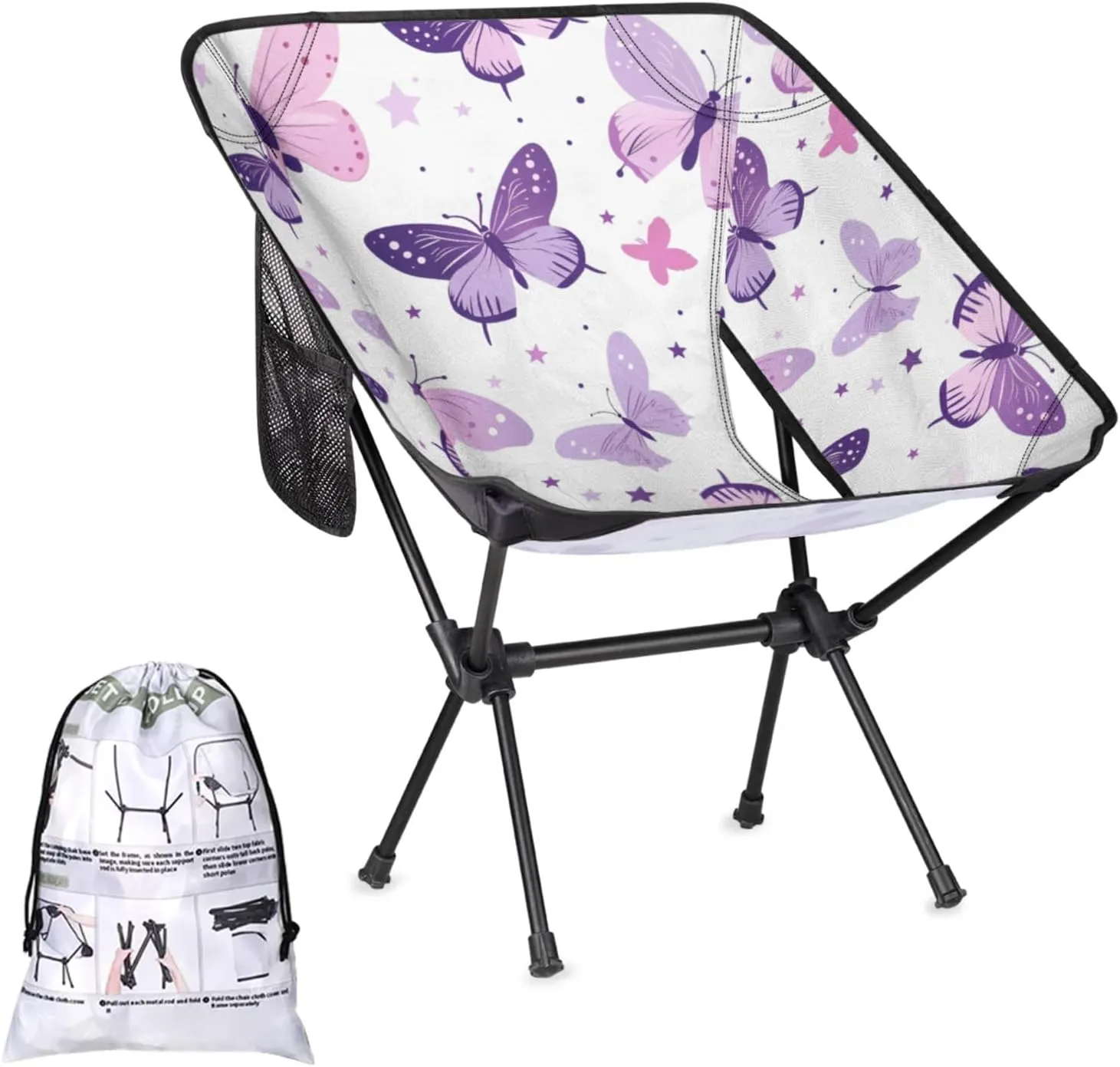 Honeybaby Folding Camping Chair Butterflies Stars Camping Chairs Lightweight Portable Chair Outdoor Foldable Chairs for Camping Travel Picnic Beach Hiking