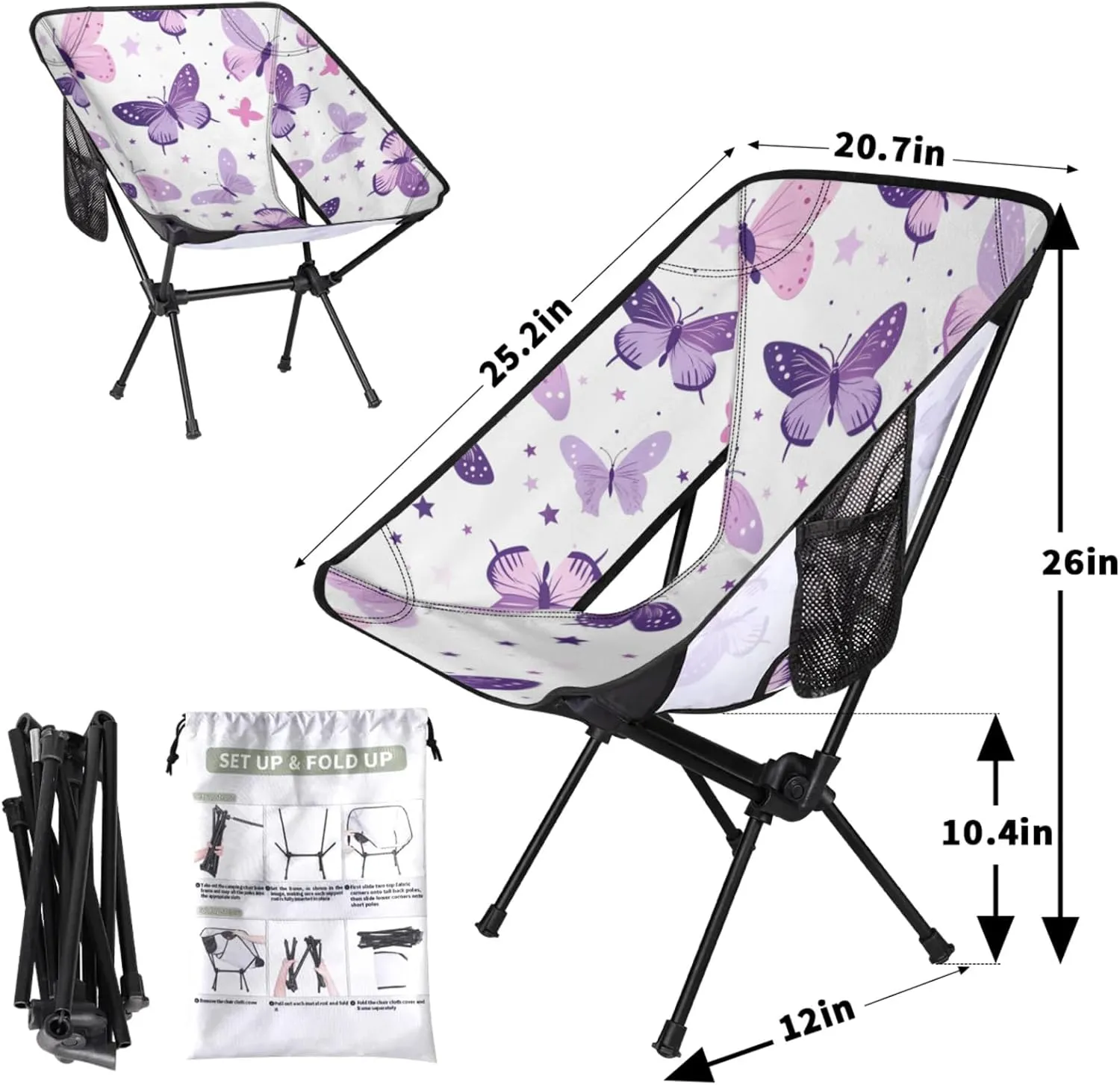 Honeybaby Folding Camping Chair Butterflies Stars Camping Chairs Lightweight Portable Chair Outdoor Foldable Chairs for Camping Travel Picnic Beach Hiking