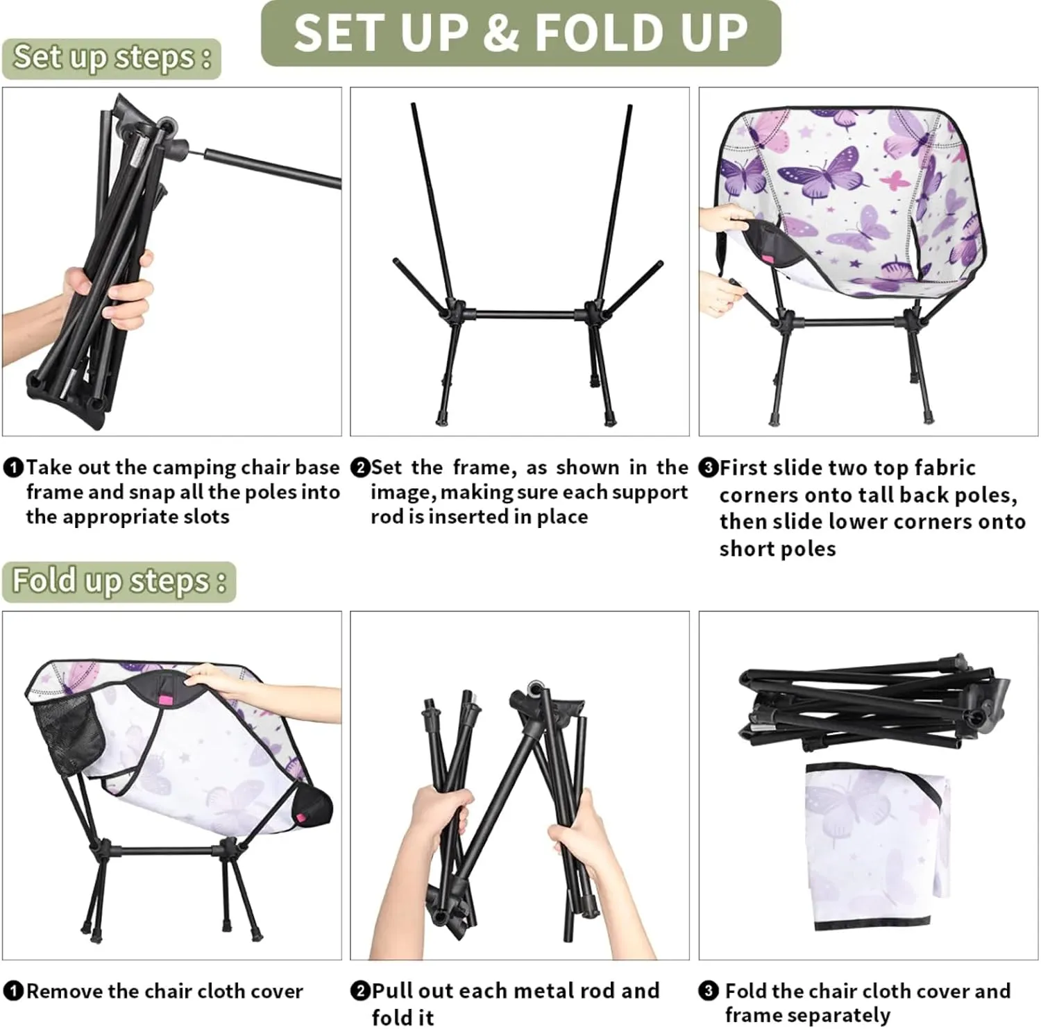 Honeybaby Folding Camping Chair Butterflies Stars Camping Chairs Lightweight Portable Chair Outdoor Foldable Chairs for Camping Travel Picnic Beach Hiking