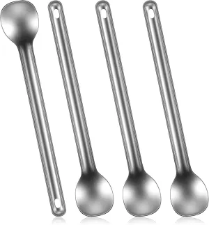 Hoolerry 4 Pieces Camping Spoon Long Handle Titanium Spoon Lightweight Ultralight Portable Flatware Soup Utensil for Outdoor Camping Backpacking Hiking Travel Picnic(Silver)