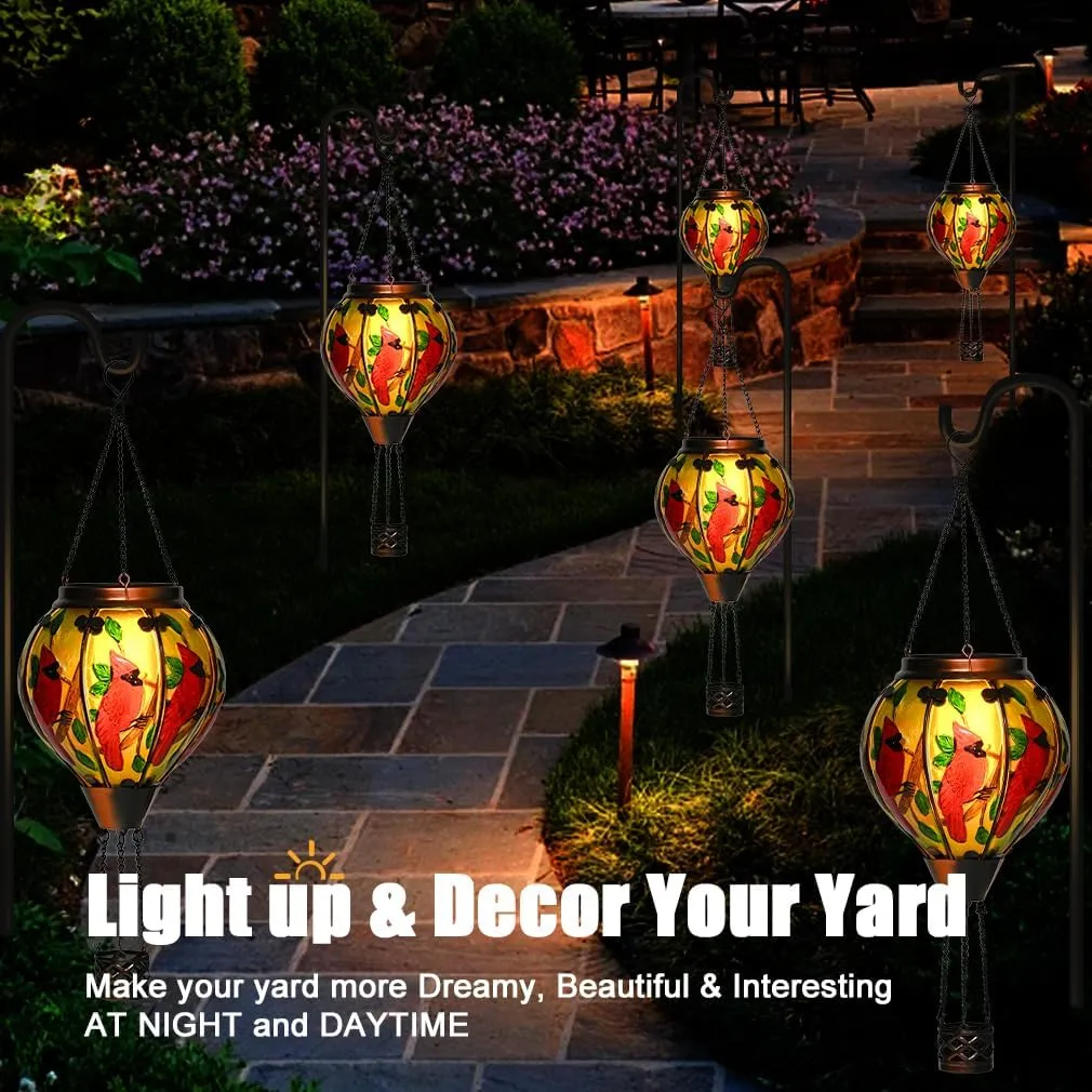 Hot Air Balloon Solar Lantern - Cardinal Bird Glass Lantern with Simulated Flickering Flame, Outdoor Hanging Yard Light Waterproof IP65 & Weather Resistant for Garden Patio Lawn Porch Decor Gfit