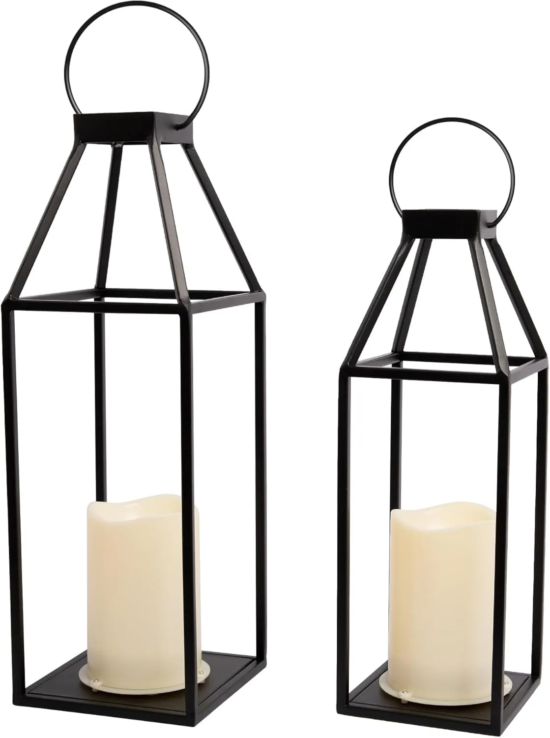 HPC Decor 2PCS Solar Lanterns for Outdoor Decor- 18in 15in Black Metal Candle Lanterns w/ Waterproof Solar Powered Candles- Modern Farmhouse Hanging for Front Porch,Yard Garden Patio.