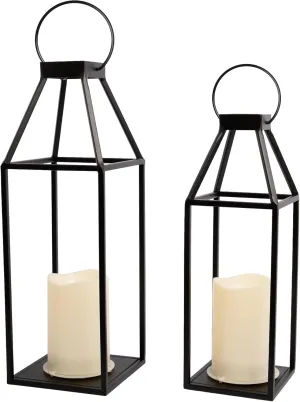 HPC Decor 2PCS Solar Lanterns for Outdoor Decor- 18in 15in Black Metal Candle Lanterns w/ Waterproof Solar Powered Candles- Modern Farmhouse Hanging for Front Porch,Yard Garden Patio.