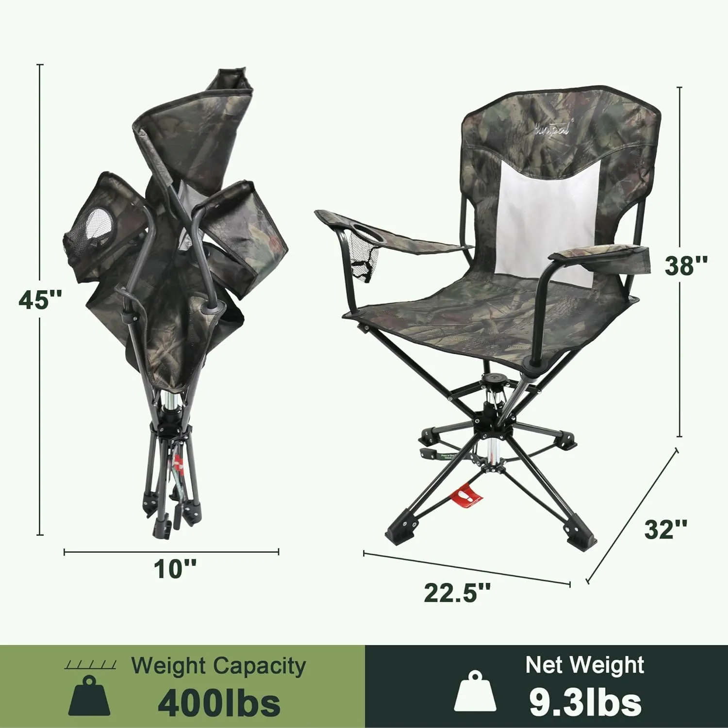 HUNTPAL 360° Swivel Hunting Chair for Blinds, Foldable Steel Frame with Armrests, Rotary Locking, Cup Holder & Shoulder Strap, Water-Resistant 600D Canvas Outdoor Seat for Hunting & Fishing