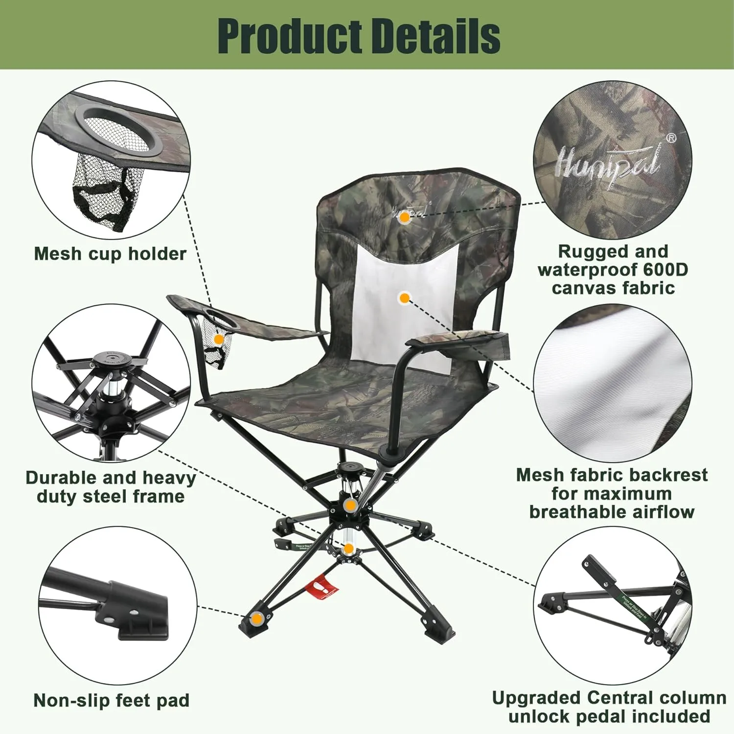 HUNTPAL 360° Swivel Hunting Chair for Blinds, Foldable Steel Frame with Armrests, Rotary Locking, Cup Holder & Shoulder Strap, Water-Resistant 600D Canvas Outdoor Seat for Hunting & Fishing
