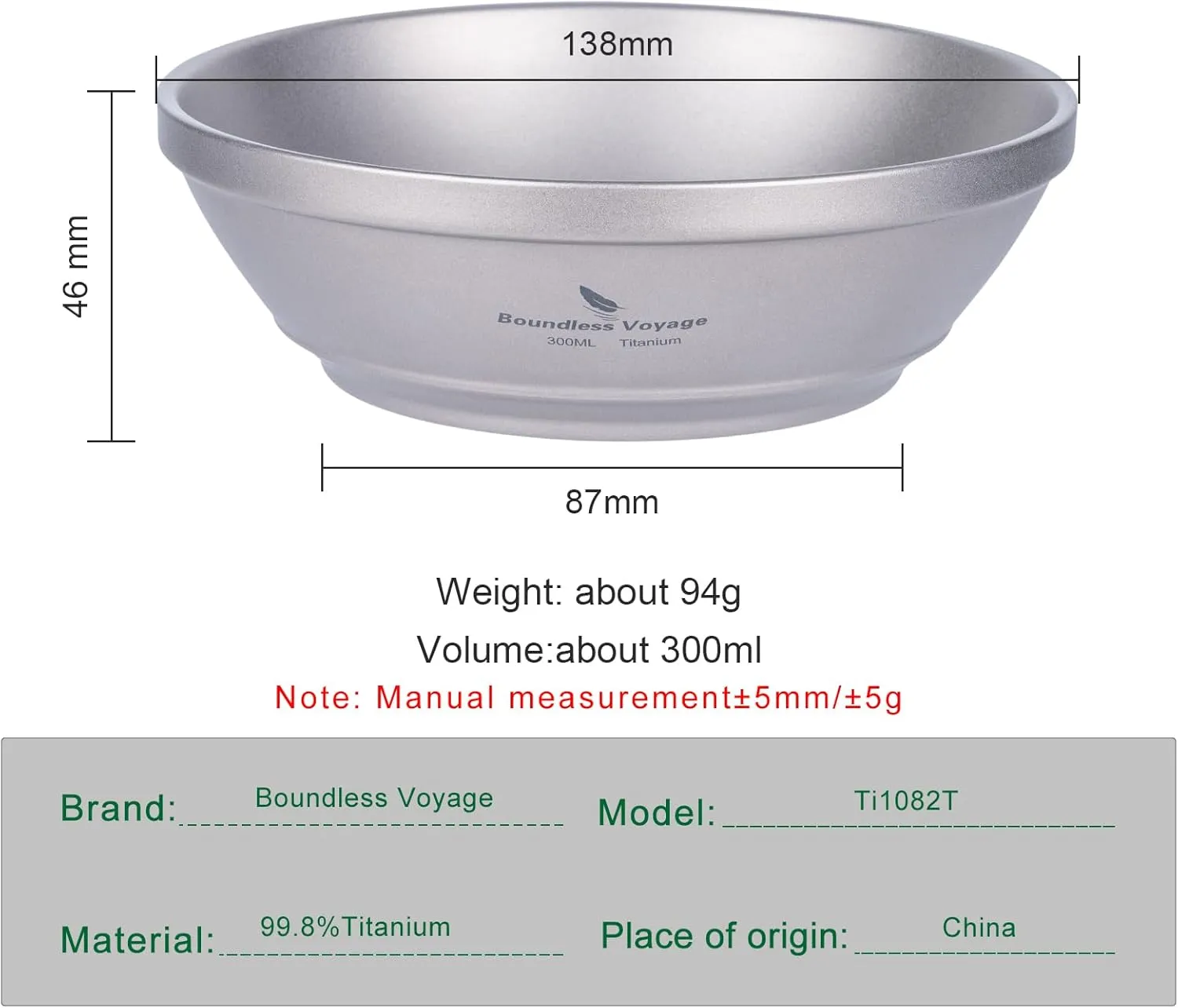 iBasingo 300ml /10.12 fl.oz Titanium Double Walled Bowl Heat Insulation Durable Soup Bowl Rice Oatmeal bowl Outdoor Camping Ultralight Portable Tableware Ti1082T