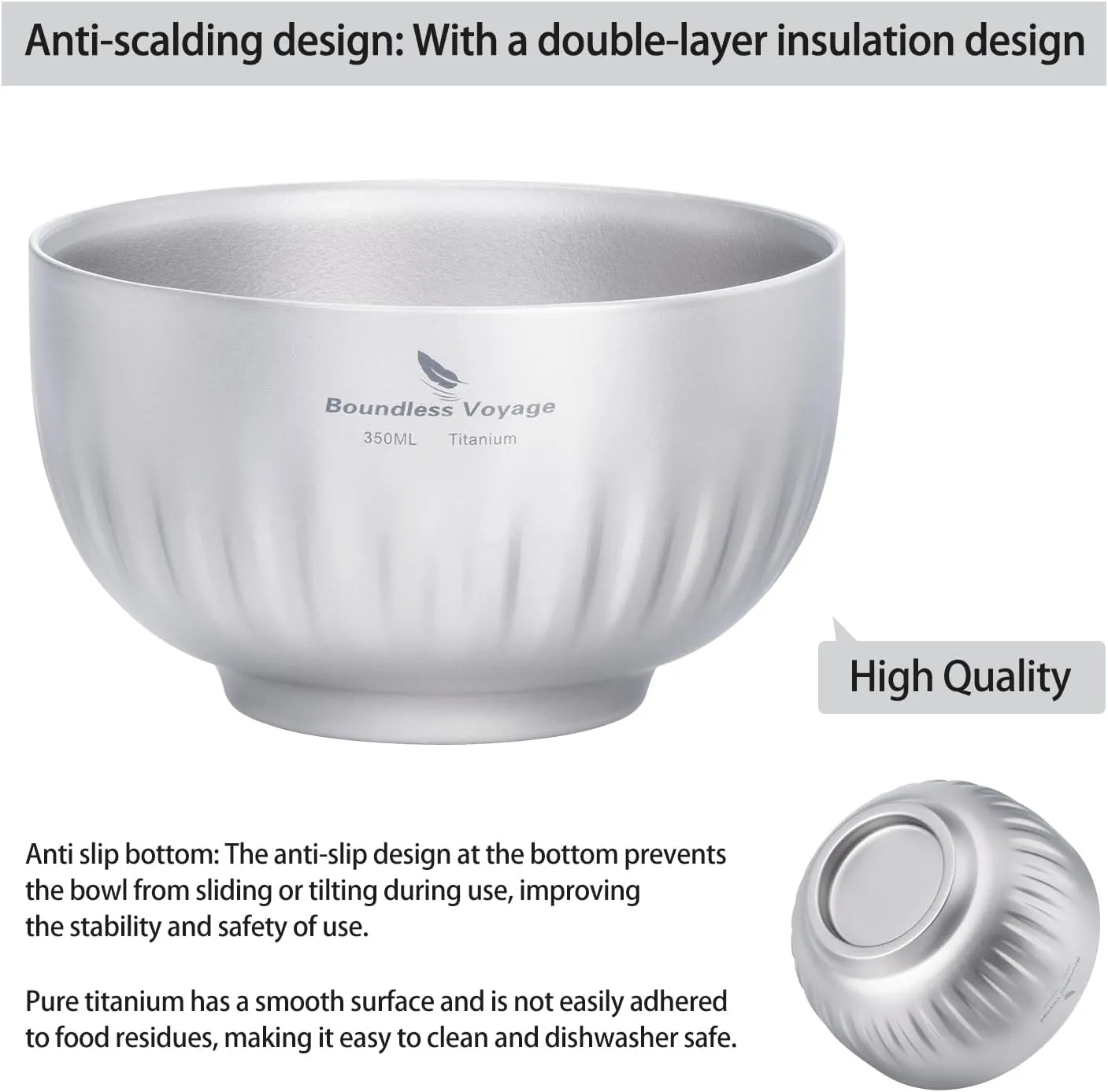 iBasingo 500ml Titanium Bowl Double Walled Oatmeal Food Rice Soup Bowl Ultralight Portable Tableware Outdoor Camping Metal Bowl Ti1165T