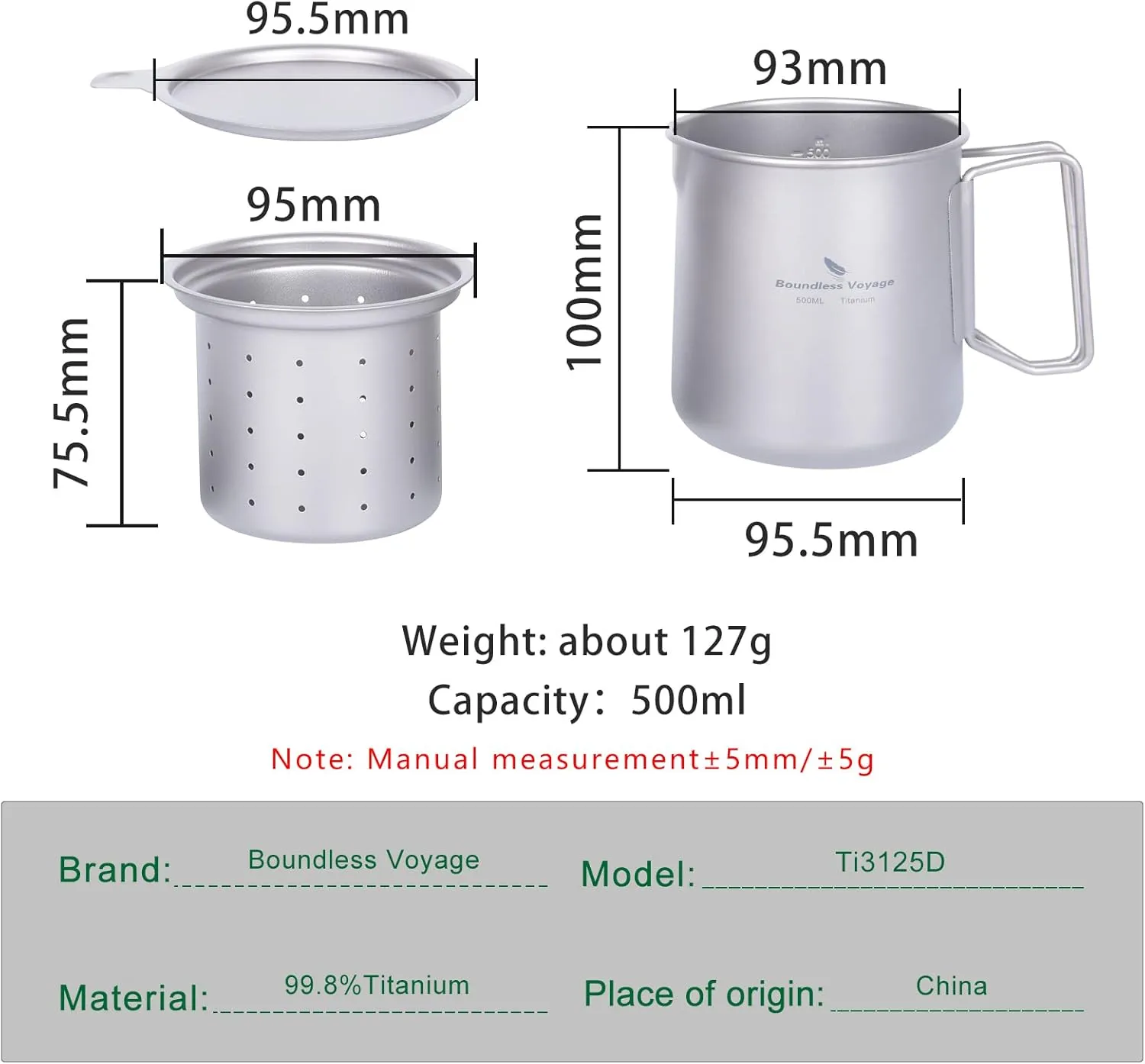 iBasingo 500ml Titanium Cup with Infuser and Lid Coffee Tea Mug Portable Lightweight for Camping Home Café Office Ti3125D
