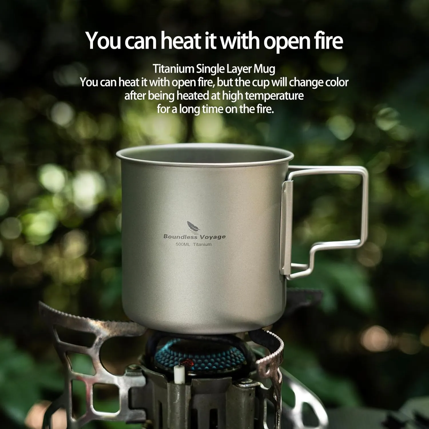 iBasingo 500ml Titanium Cup with Lid Foldable Handle Single-walled Camping Mug Lightweight Portable for Outdoor Drinking Drinkware US-Ti3059D