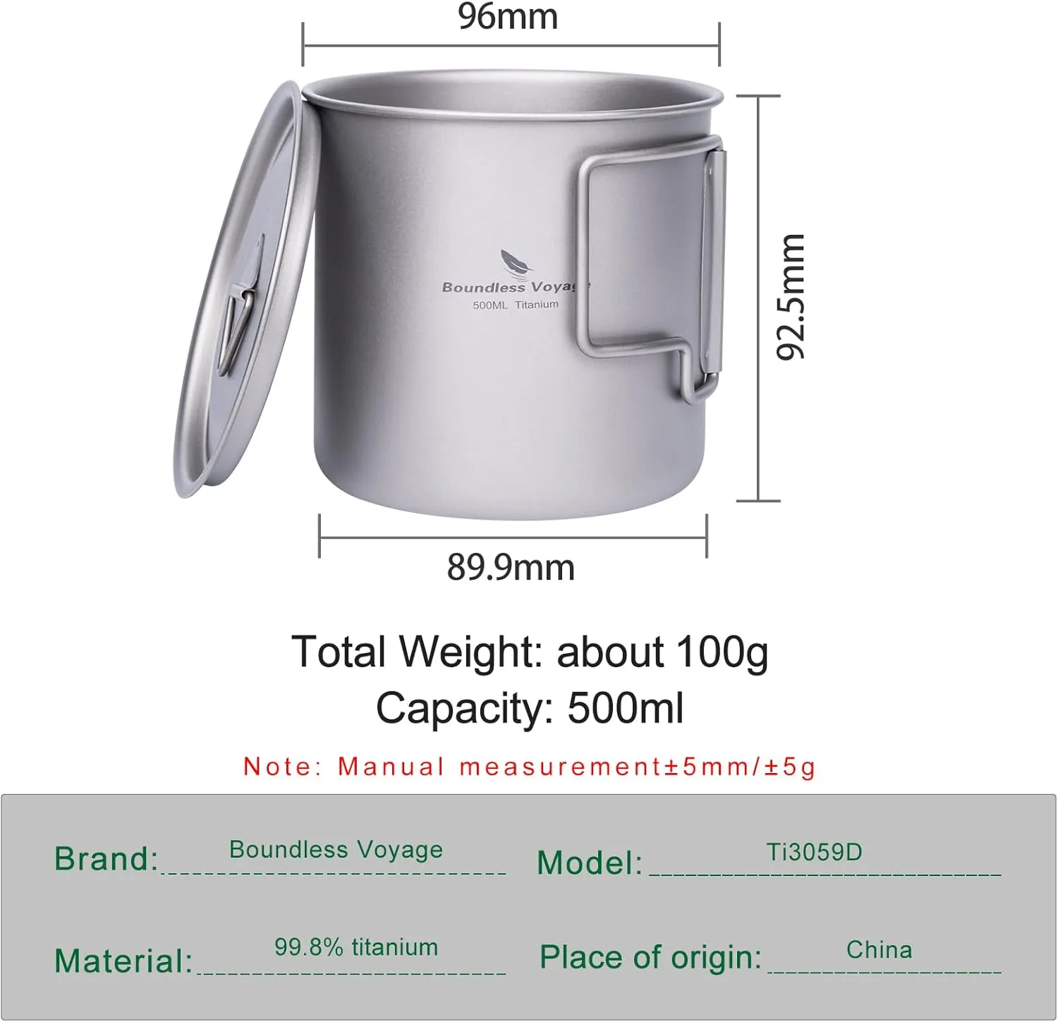 iBasingo 500ml Titanium Cup with Lid Foldable Handle Single-walled Camping Mug Lightweight Portable for Outdoor Drinking Drinkware US-Ti3059D