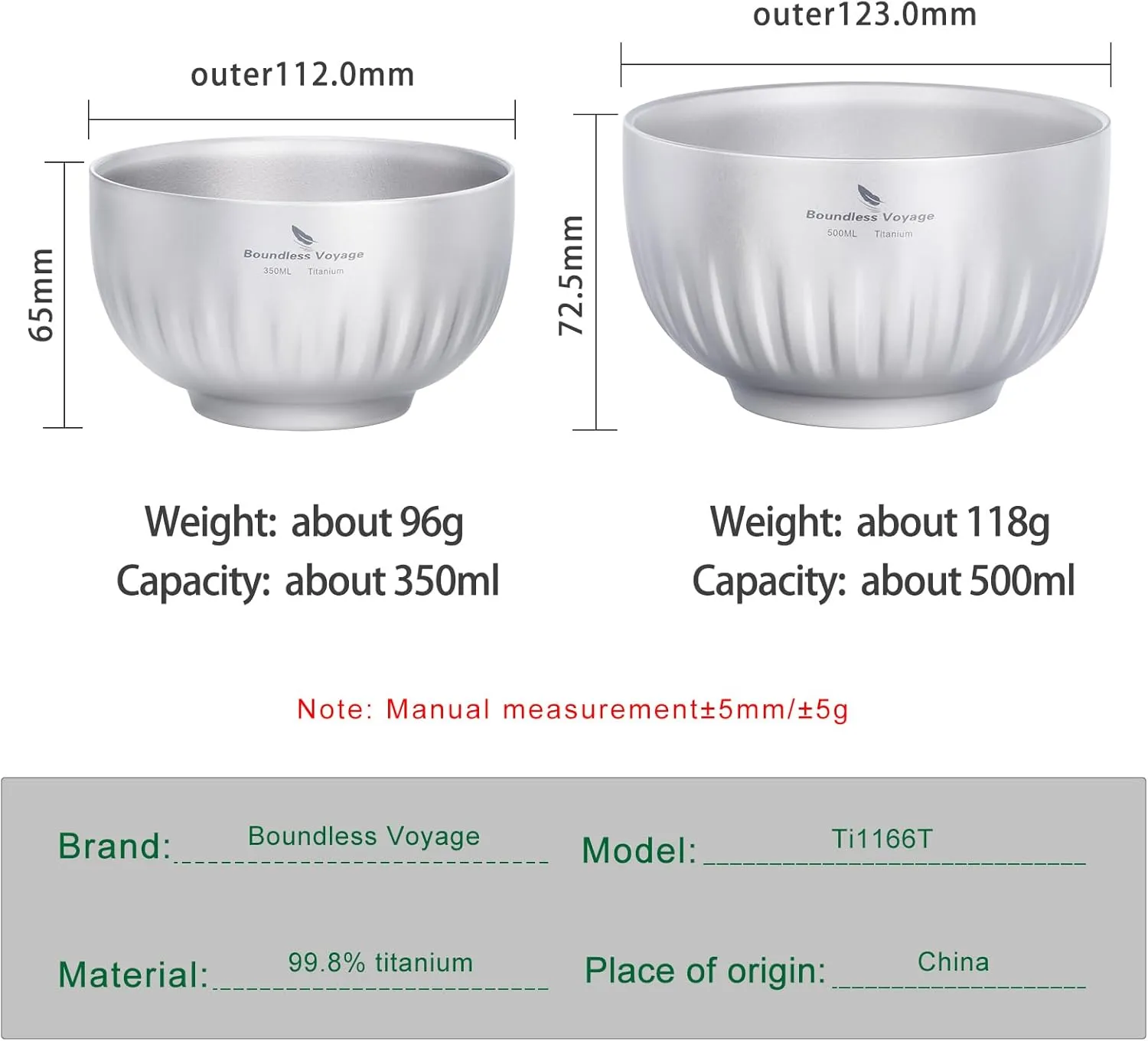 iBasingo Titanium Bowl 350ml & 500ml Double Walled Oatmeal Food Rice Soup Bowl Ultralight Portable Tableware Outdoor Camping Metal Bowl Ti1166T