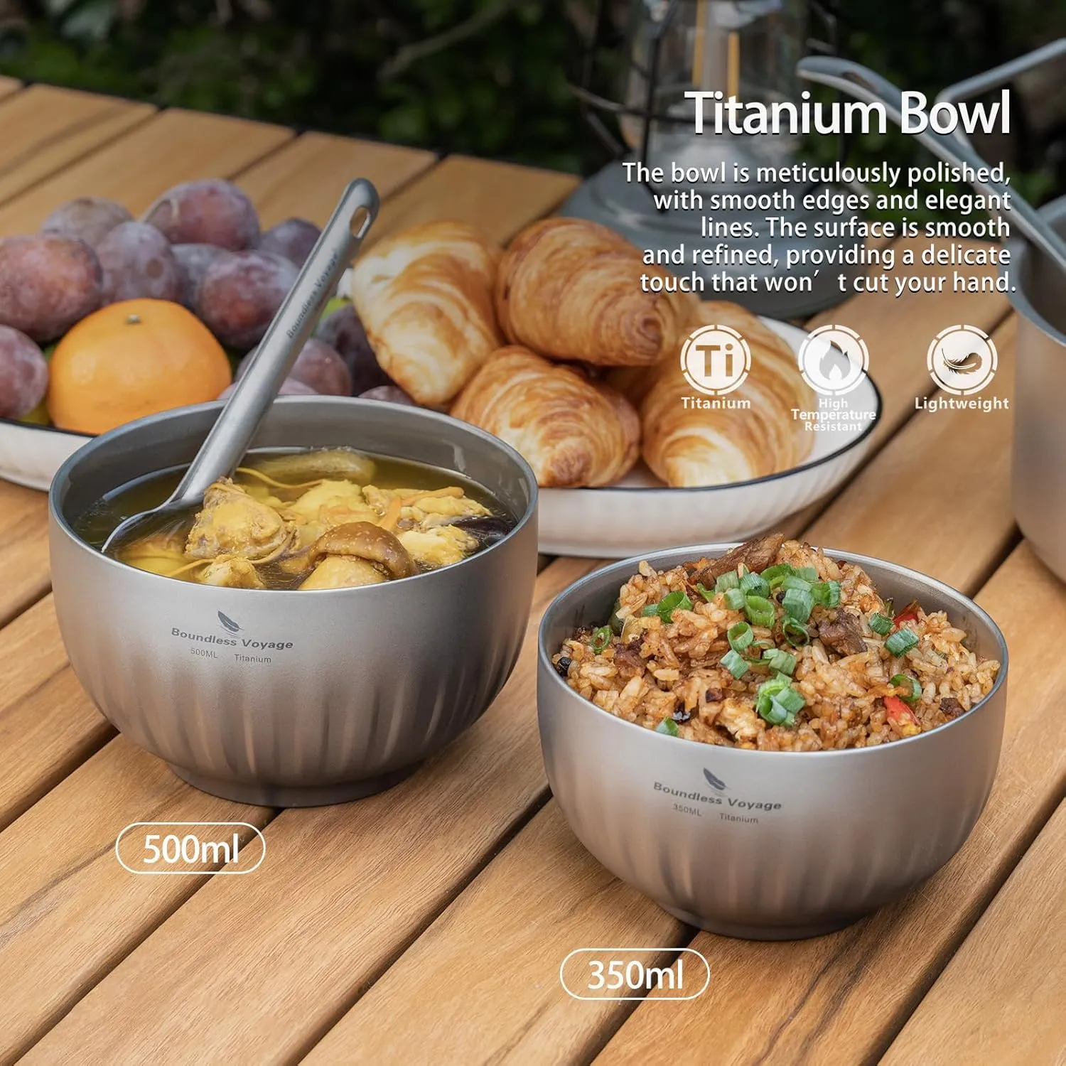 iBasingo Titanium Bowl 350ml & 500ml Double Walled Oatmeal Food Rice Soup Bowl Ultralight Portable Tableware Outdoor Camping Metal Bowl Ti1166T
