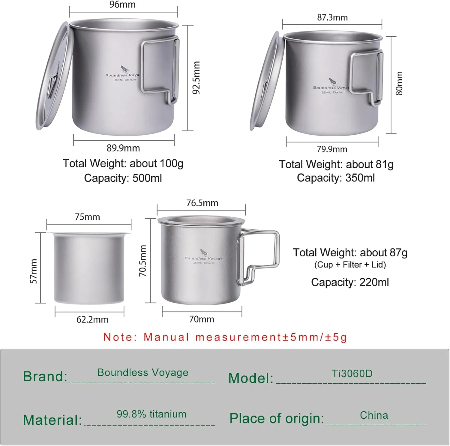 iBasingo Titanium Cup Set with Lid Foldable Handle Single-walled Camping Mug Lightweight Portable for Outdoor Drinking Drinkware US-Ti3060D