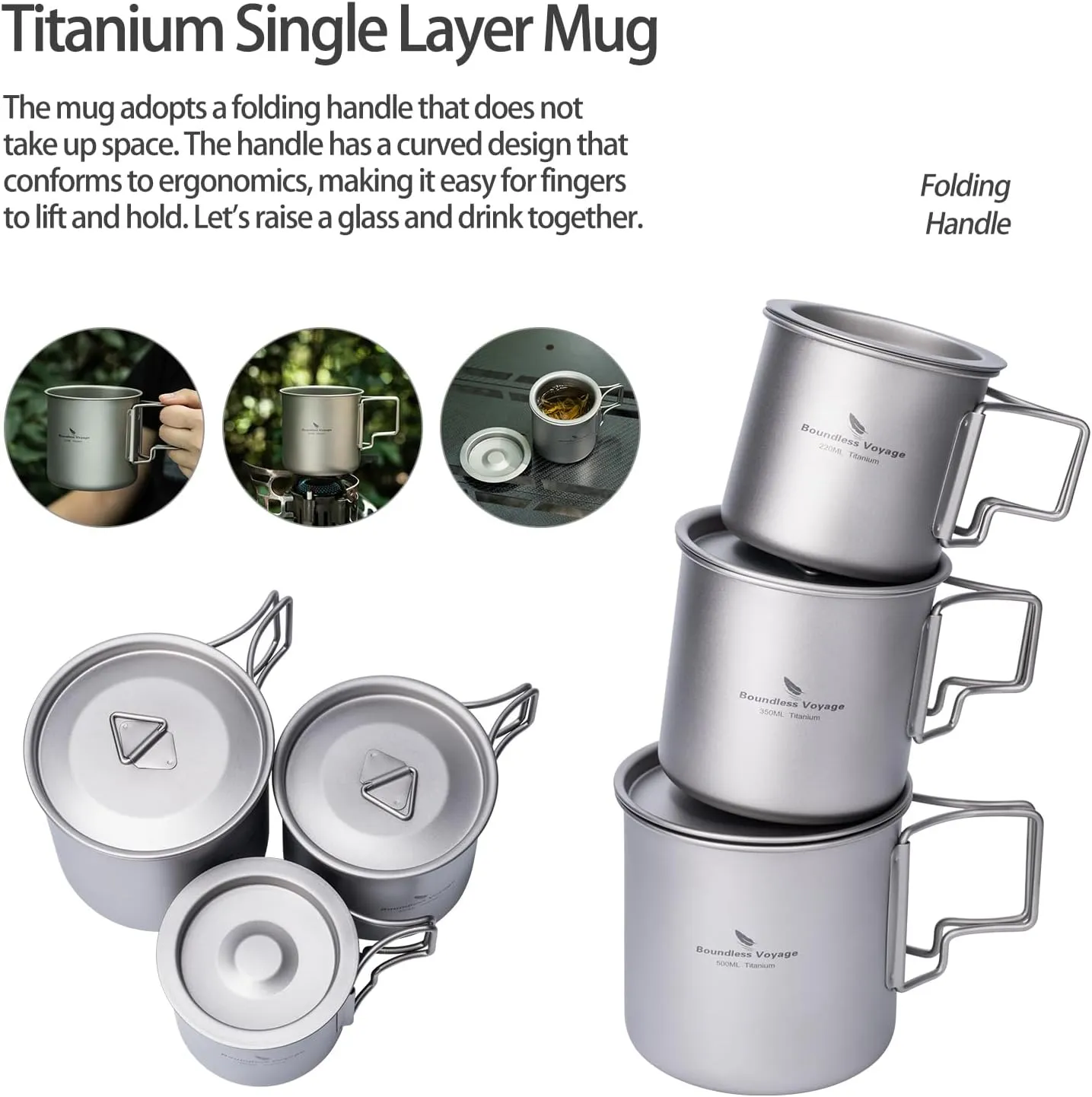 iBasingo Titanium Cup Set with Lid Foldable Handle Single-walled Camping Mug Lightweight Portable for Outdoor Drinking Drinkware US-Ti3060D