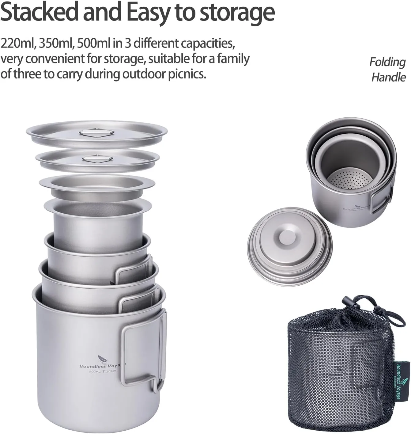 iBasingo Titanium Cup Set with Lid Foldable Handle Single-walled Camping Mug Lightweight Portable for Outdoor Drinking Drinkware US-Ti3060D