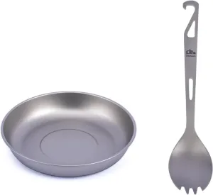 iClimb 1 Titanium Plate and 1 Titanium Spork Bundle, Ultralight Compact Portable Flatware Tableware with Bag for Solo Adult Outdoor Camping Backpacking Hiking Travel Picnic