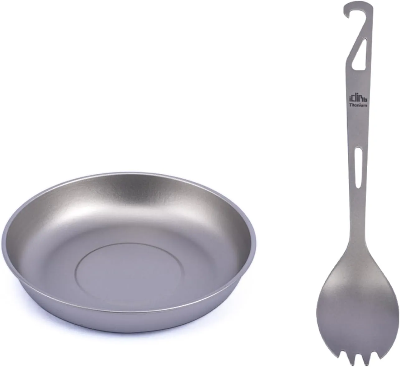 iClimb 1 Titanium Plate and 1 Titanium Spork Bundle, Ultralight Compact Portable Flatware Tableware with Bag for Solo Adult Outdoor Camping Backpacking Hiking Travel Picnic