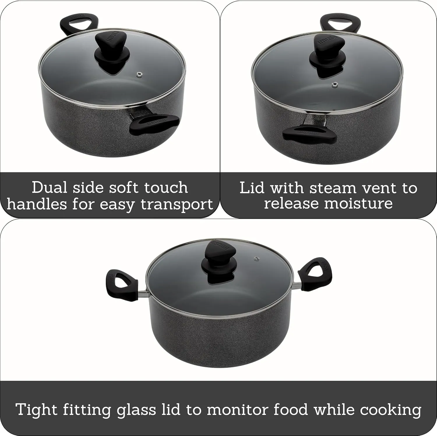Imusa Nonstick Stock Pot with Glass Lid 4.8-Quart Cookware, Black